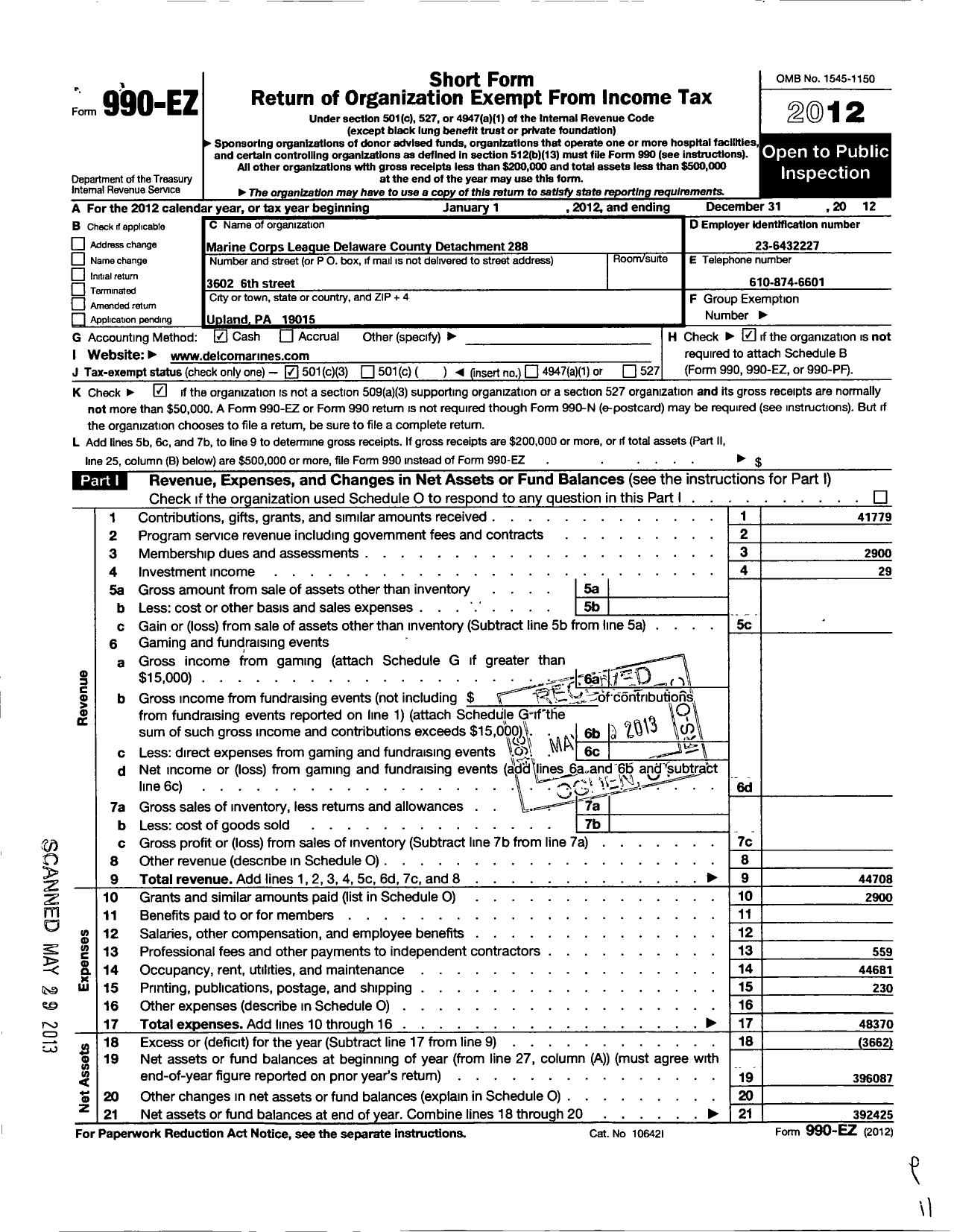 Image of first page of 2012 Form 990EZ for Marine Corps League
