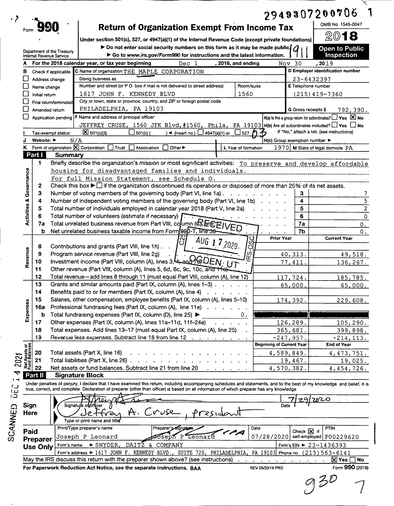 Image of first page of 2018 Form 990 for The Maple Corporation