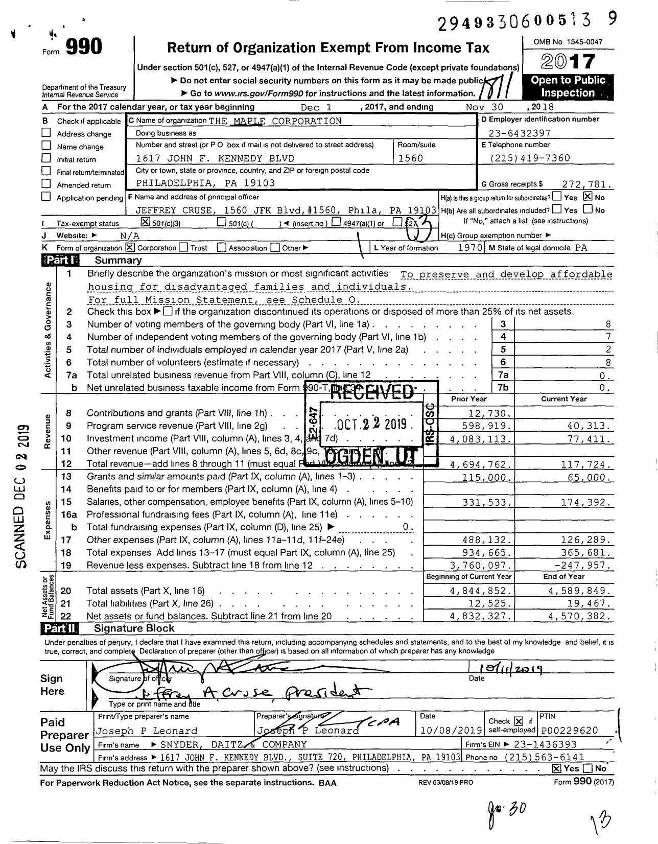 Image of first page of 2017 Form 990 for The Maple Corporation