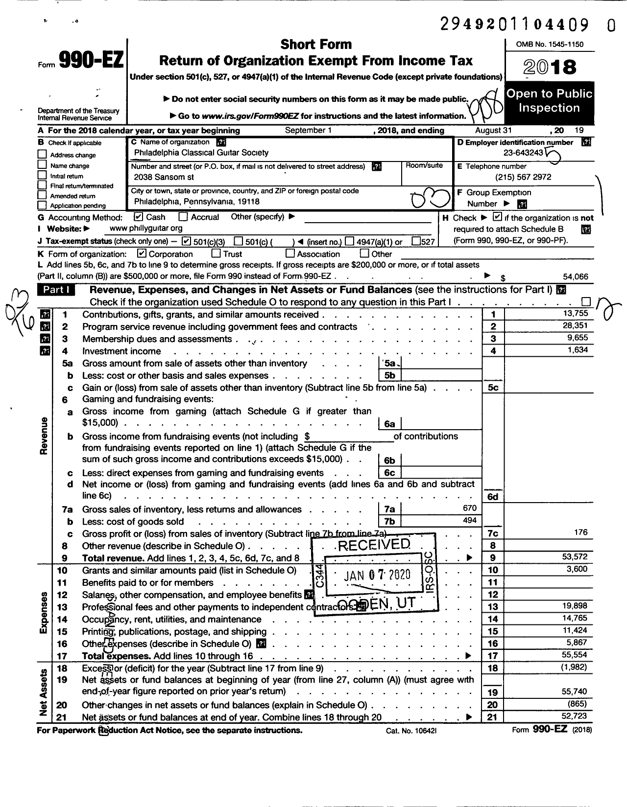 Image of first page of 2018 Form 990EZ for Philadelphia Classical Guitar Society