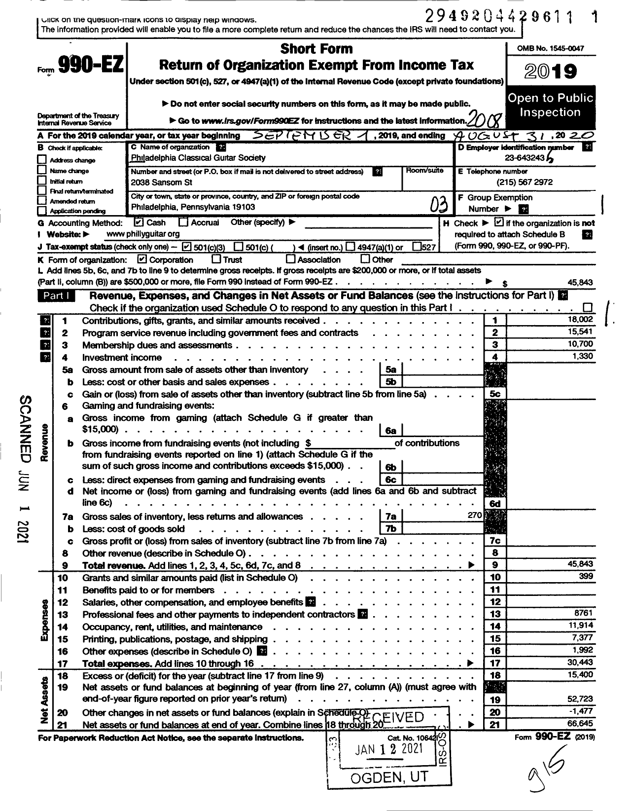 Image of first page of 2019 Form 990EZ for Philadelphia Classical Guitar Society