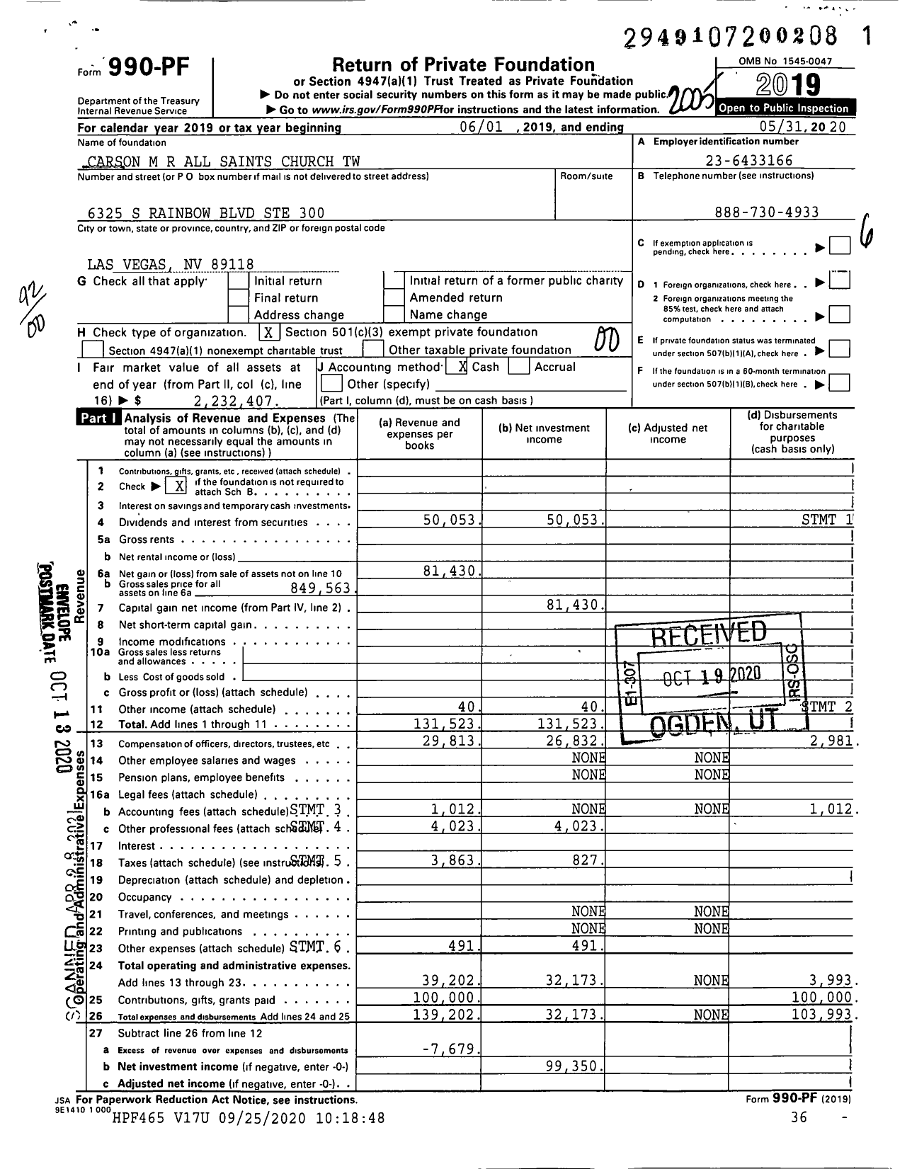 Image of first page of 2019 Form 990PF for Carson M R All Saints Church TW