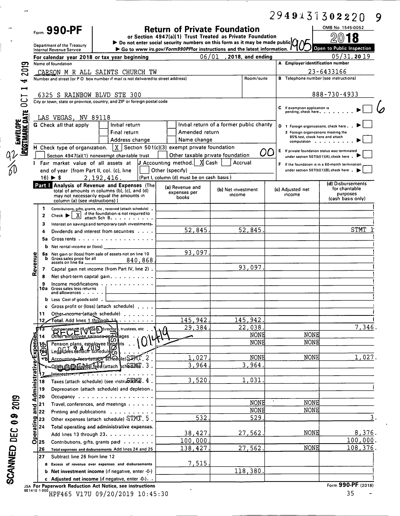 Image of first page of 2018 Form 990PF for Carson M R All Saints Church TW