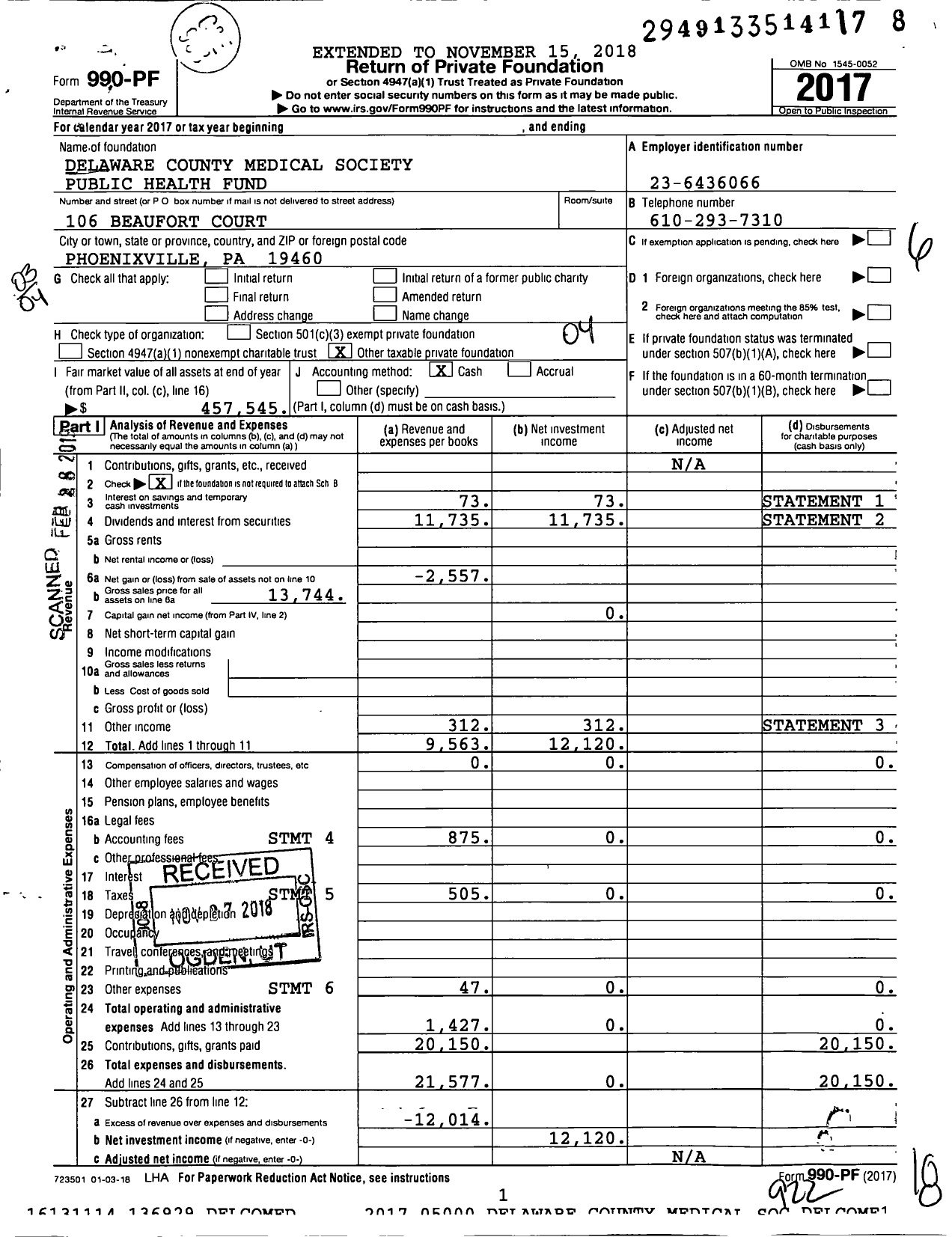 Image of first page of 2017 Form 990PF for Delaware County Medical Society Public Health Fund
