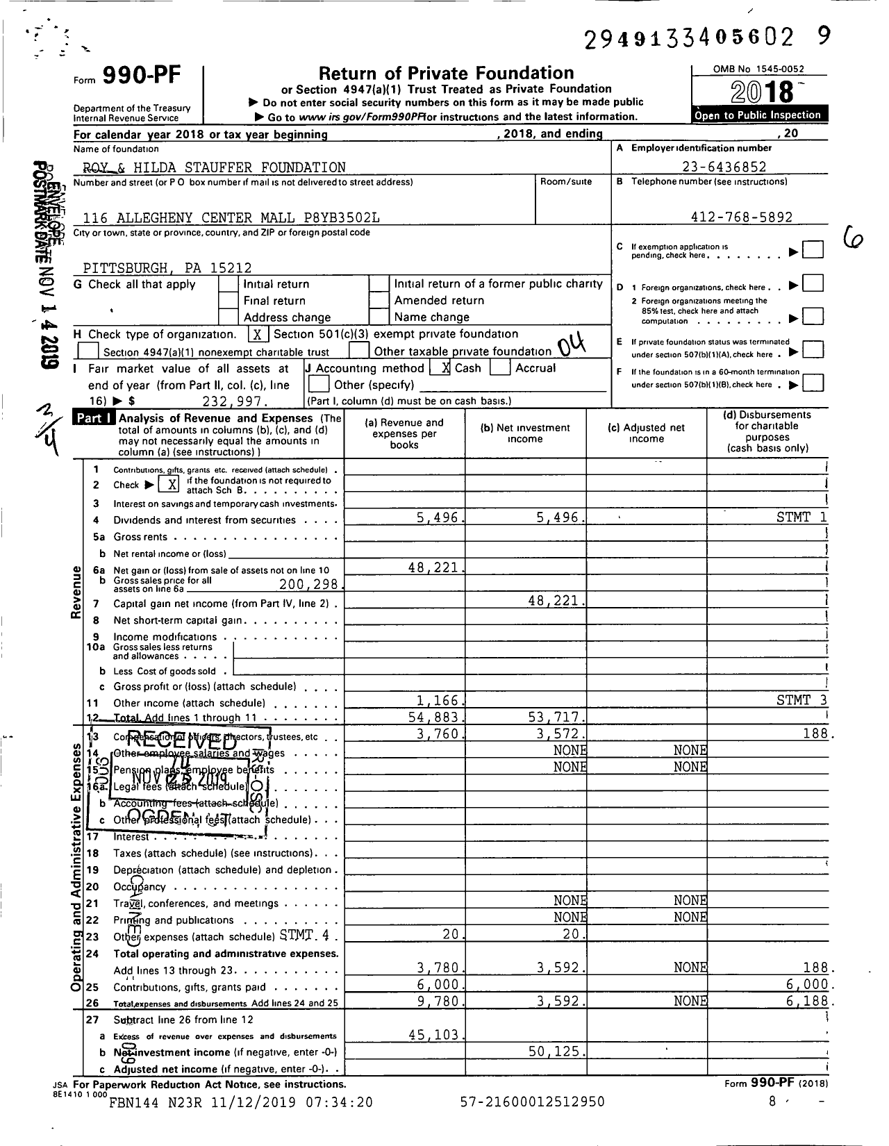 Image of first page of 2018 Form 990PF for Roy Hilda Stauffer Foundation