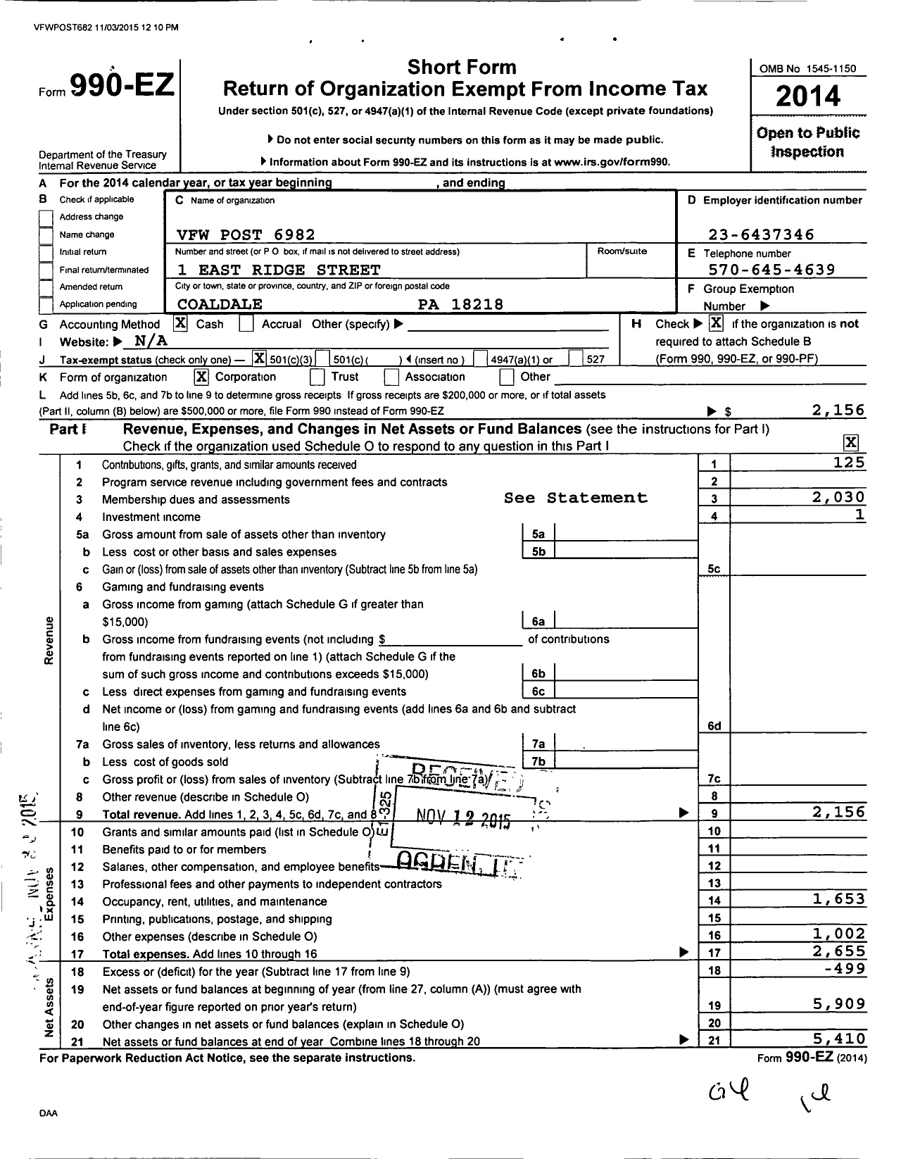 Image of first page of 2014 Form 990EZ for VFW Department of Pennsylvania - 6982 VFW Gold Chevron Club