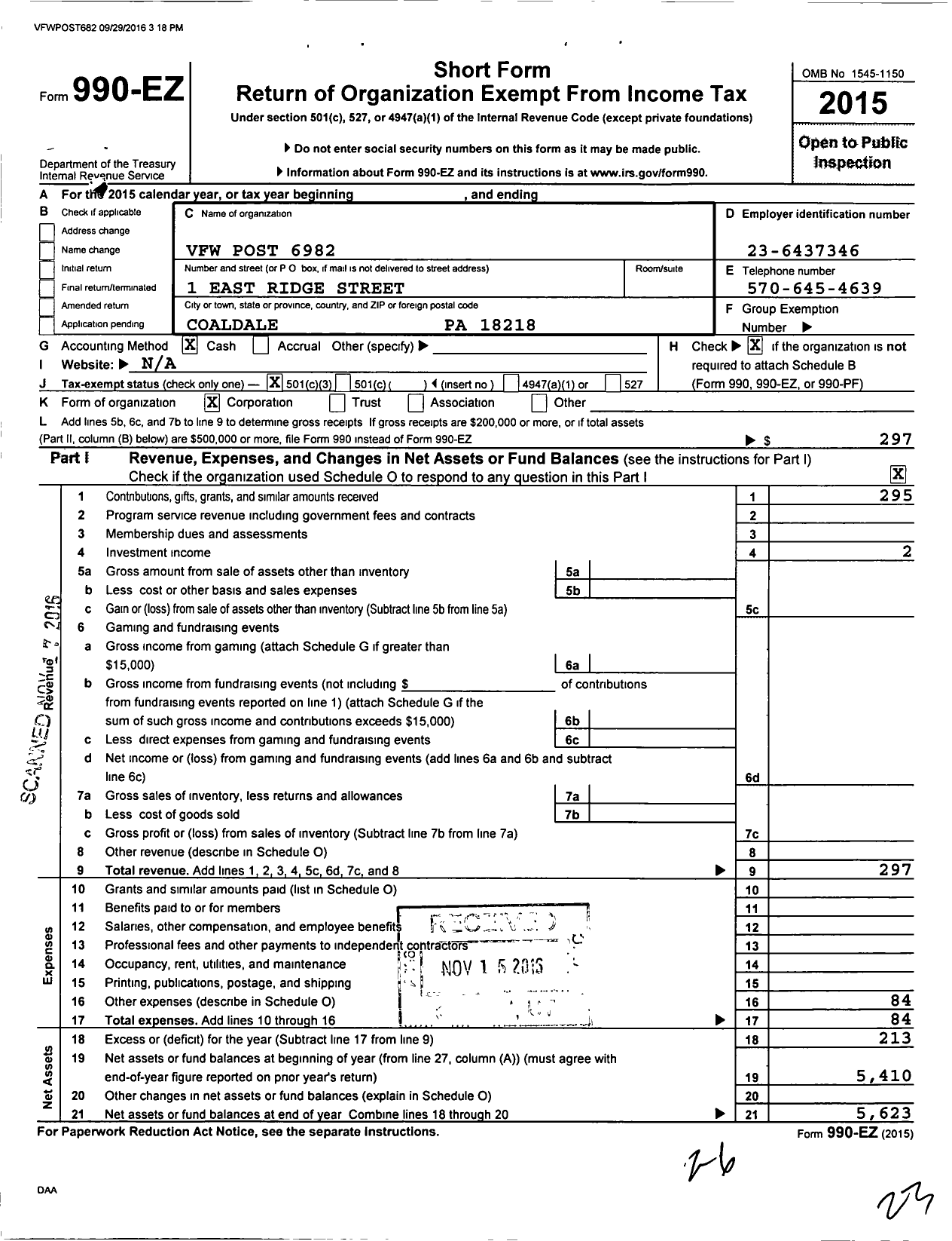 Image of first page of 2015 Form 990EZ for VFW Department of Pennsylvania - 6982 VFW Gold Chevron Club