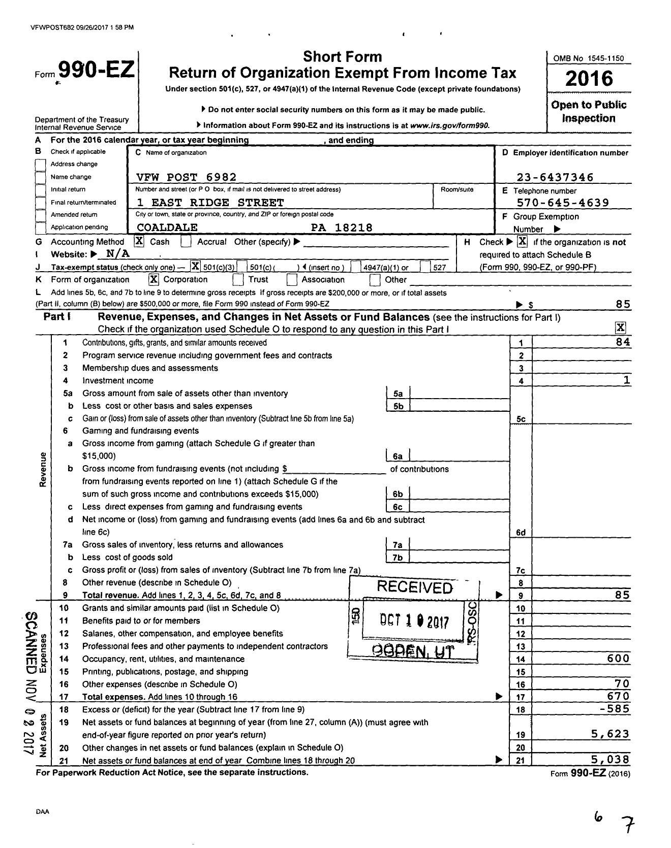 Image of first page of 2016 Form 990EZ for VFW Department of Pennsylvania - 6982 VFW Gold Chevron Club