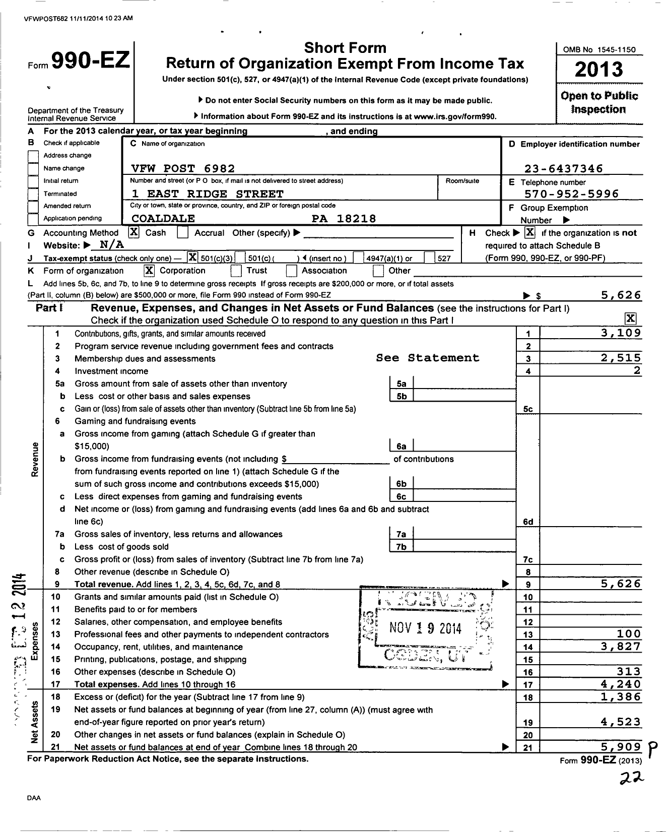 Image of first page of 2013 Form 990EZ for VFW Department of Pennsylvania - 6982 VFW Gold Chevron Club