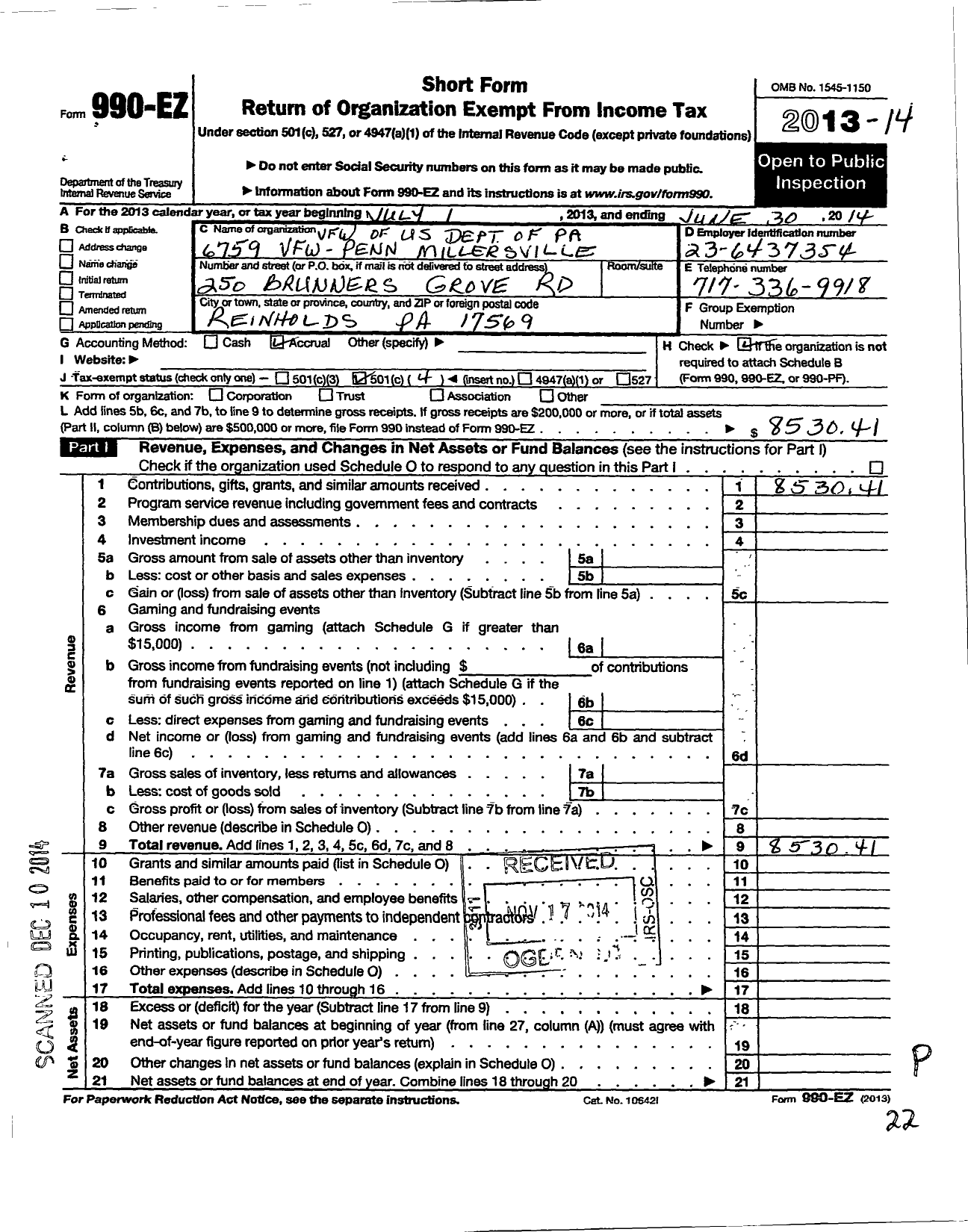 Image of first page of 2013 Form 990EO for VFW Department of Pennsylvania - 6759 Vfw-Penn Reinholds