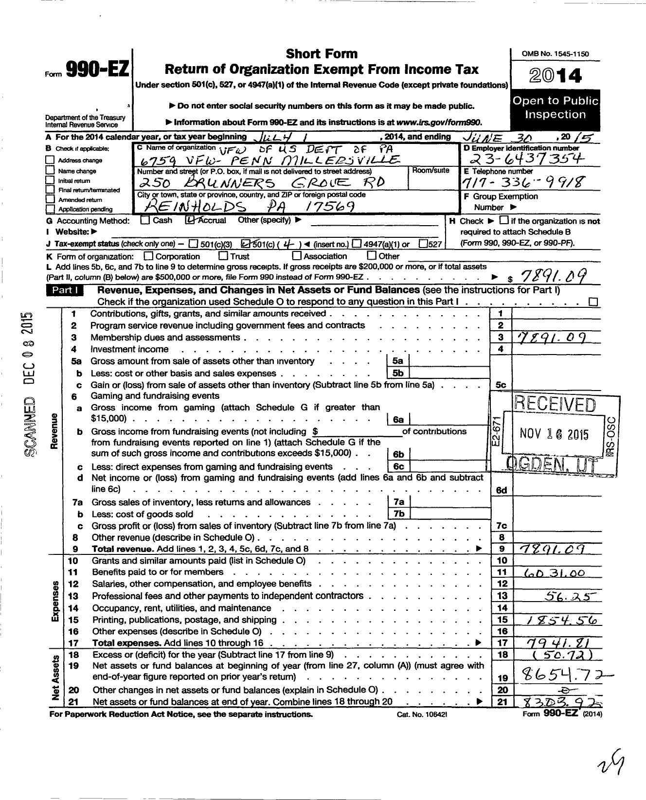 Image of first page of 2014 Form 990EO for VFW Department of Pennsylvania - 6759 Vfw-Penn Reinholds
