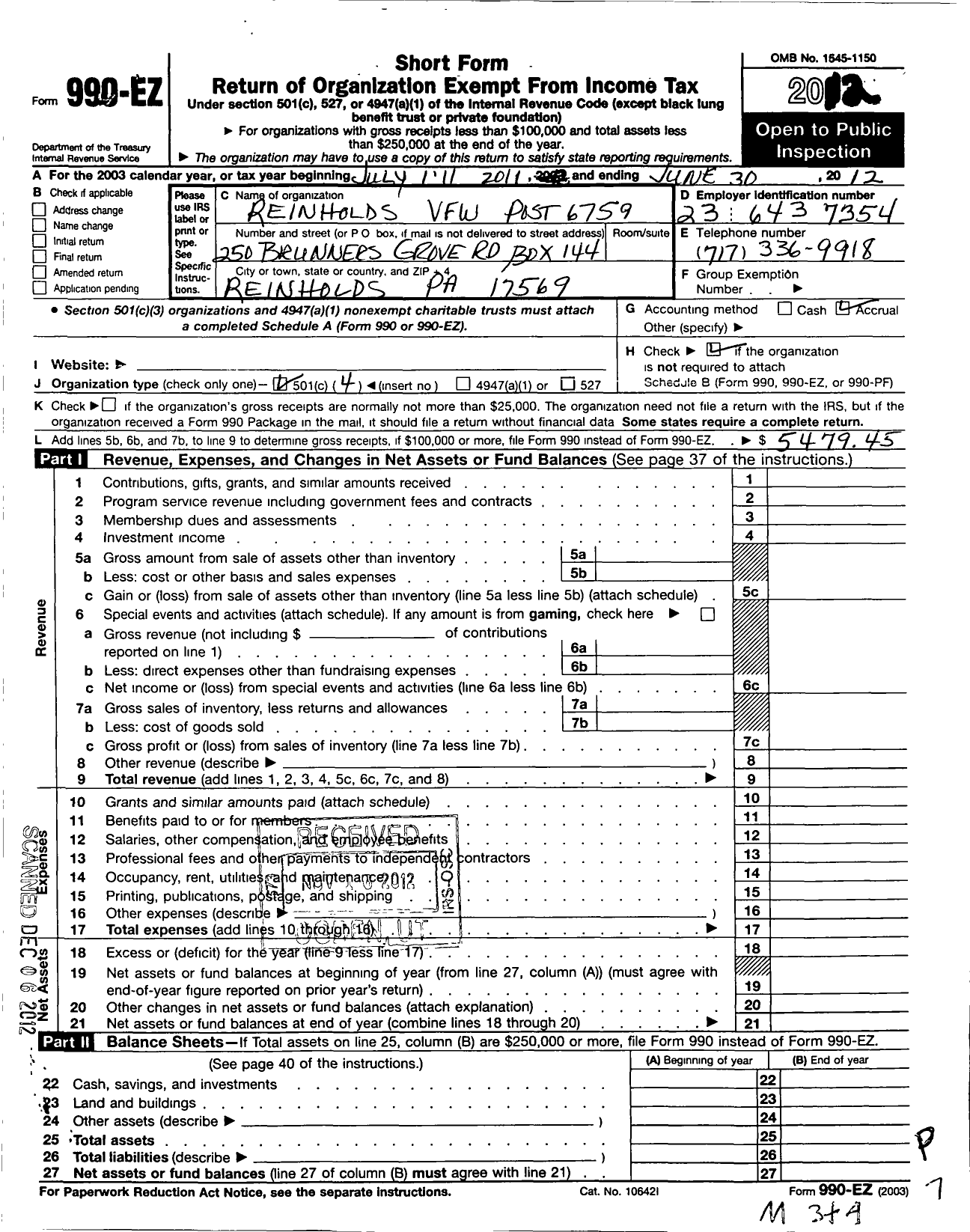 Image of first page of 2011 Form 990EO for VFW Department of Pennsylvania - 6759 Vfw-Penn Reinholds