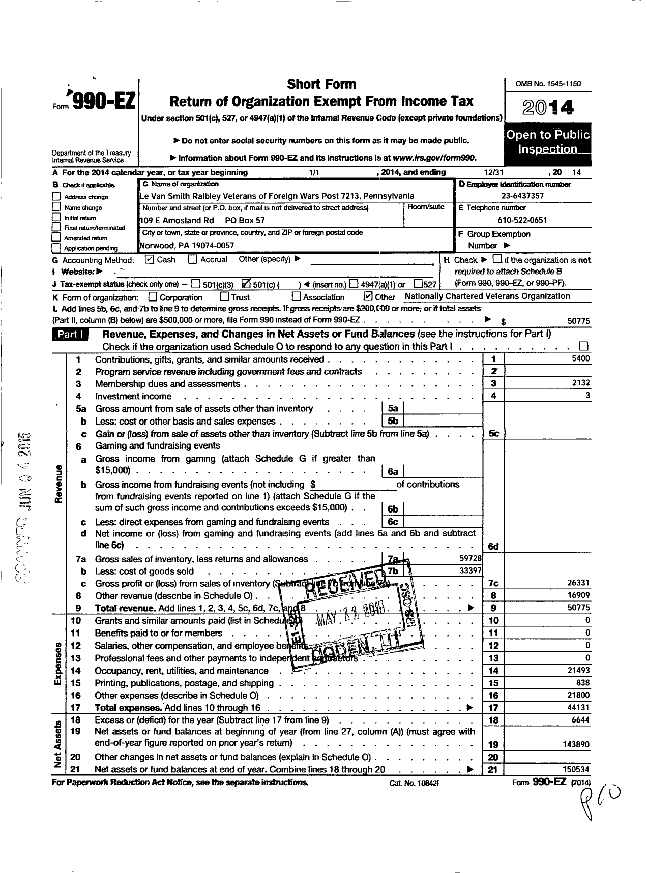 Image of first page of 2014 Form 990EO for Levan-Smith-Raibley Post 7213 Veterans of Foreign Wars of the Us