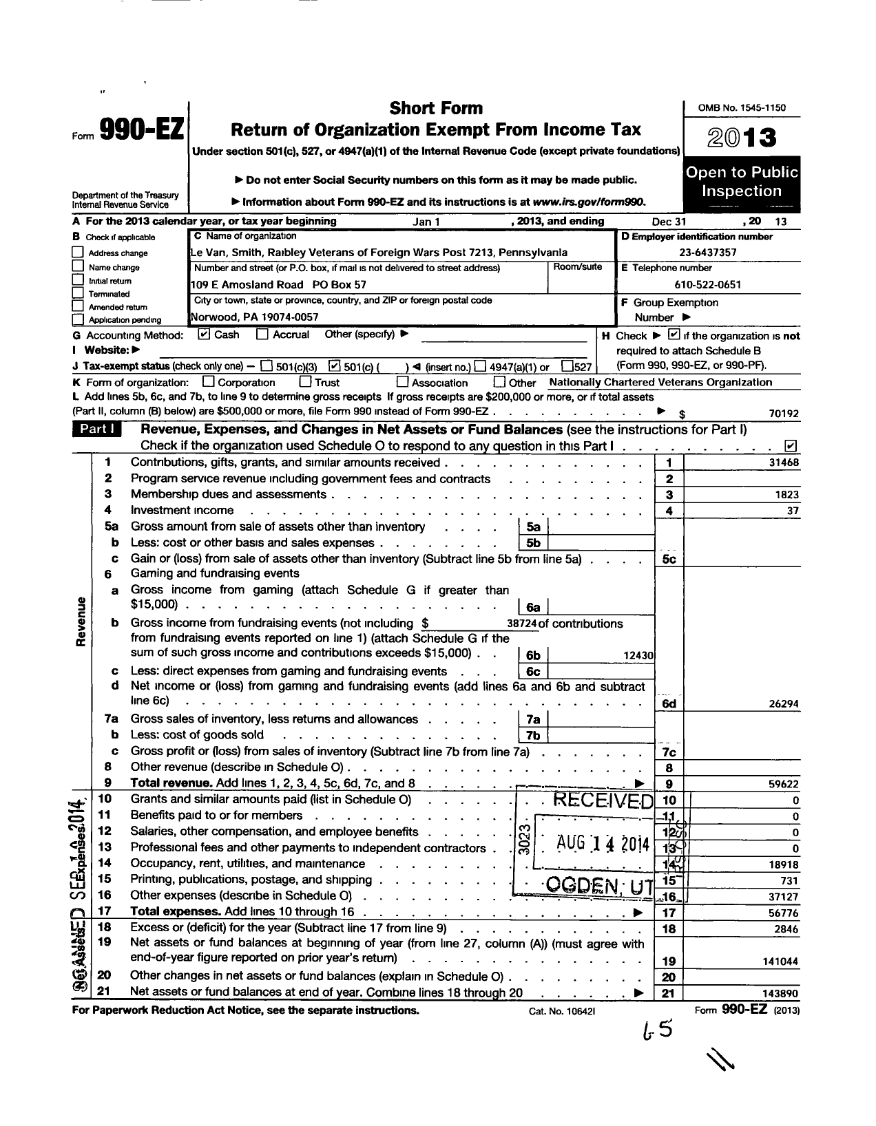 Image of first page of 2013 Form 990EO for Levan-Smith-Raibley Post 7213 Veterans of Foreign Wars of the Us