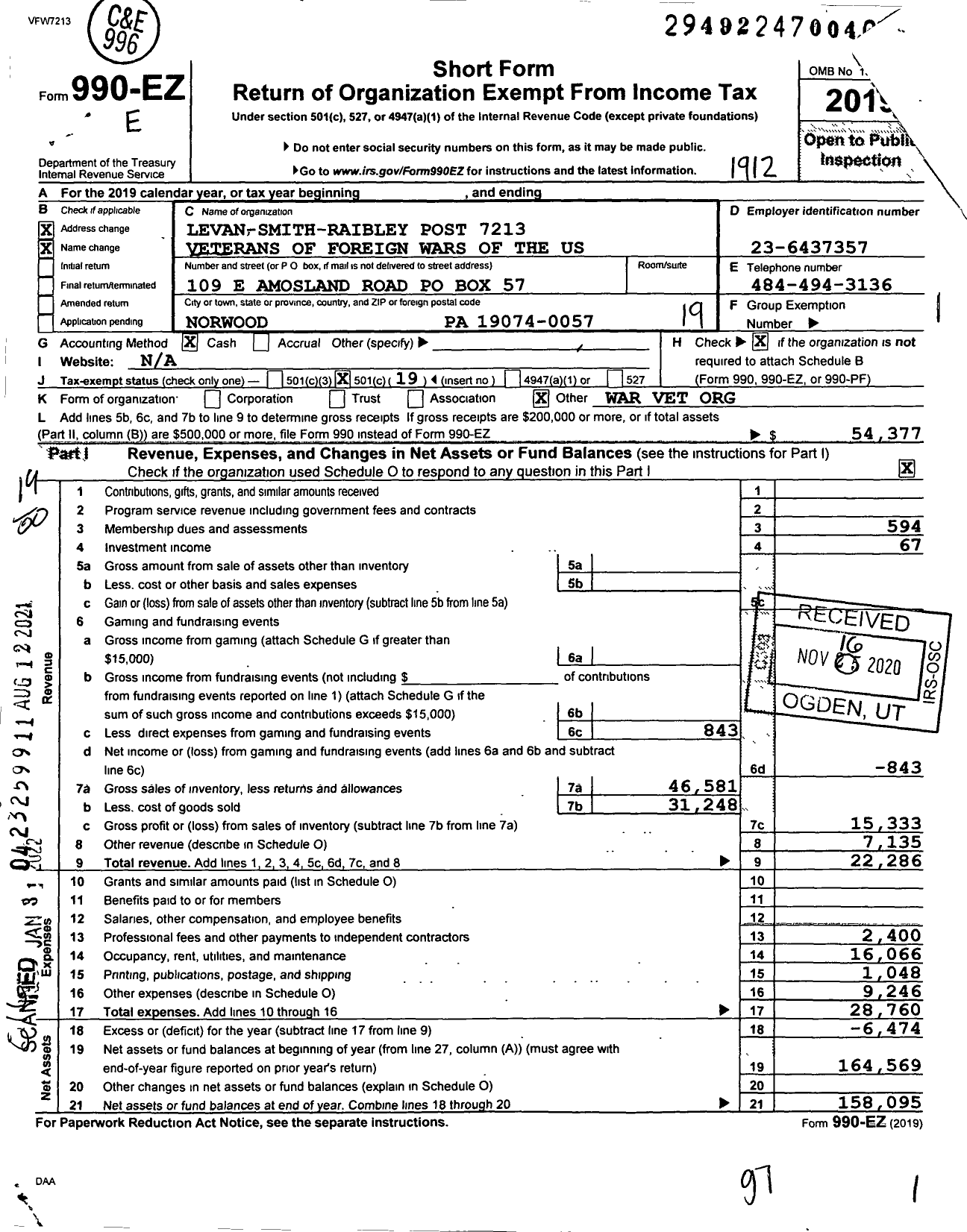 Image of first page of 2019 Form 990EO for Levan-Smith-Raibley Post 7213 Veterans of Foreign Wars of the Us