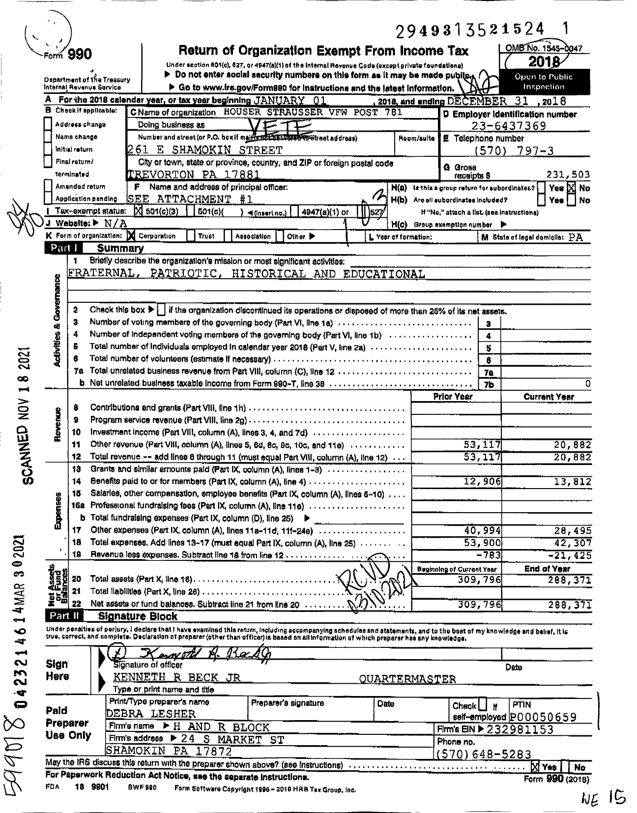 Image of first page of 2018 Form 990O for VFW Department of Pennsylvania - 78 Houser-Strausser VFW Post