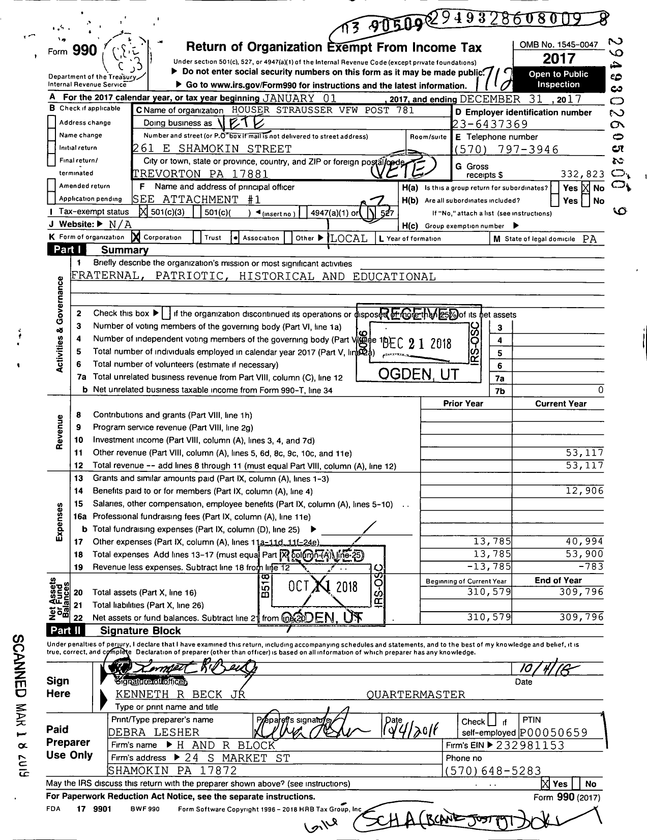 Image of first page of 2017 Form 990 for VFW Department of Pennsylvania - 78 Houser-Strausser VFW Post