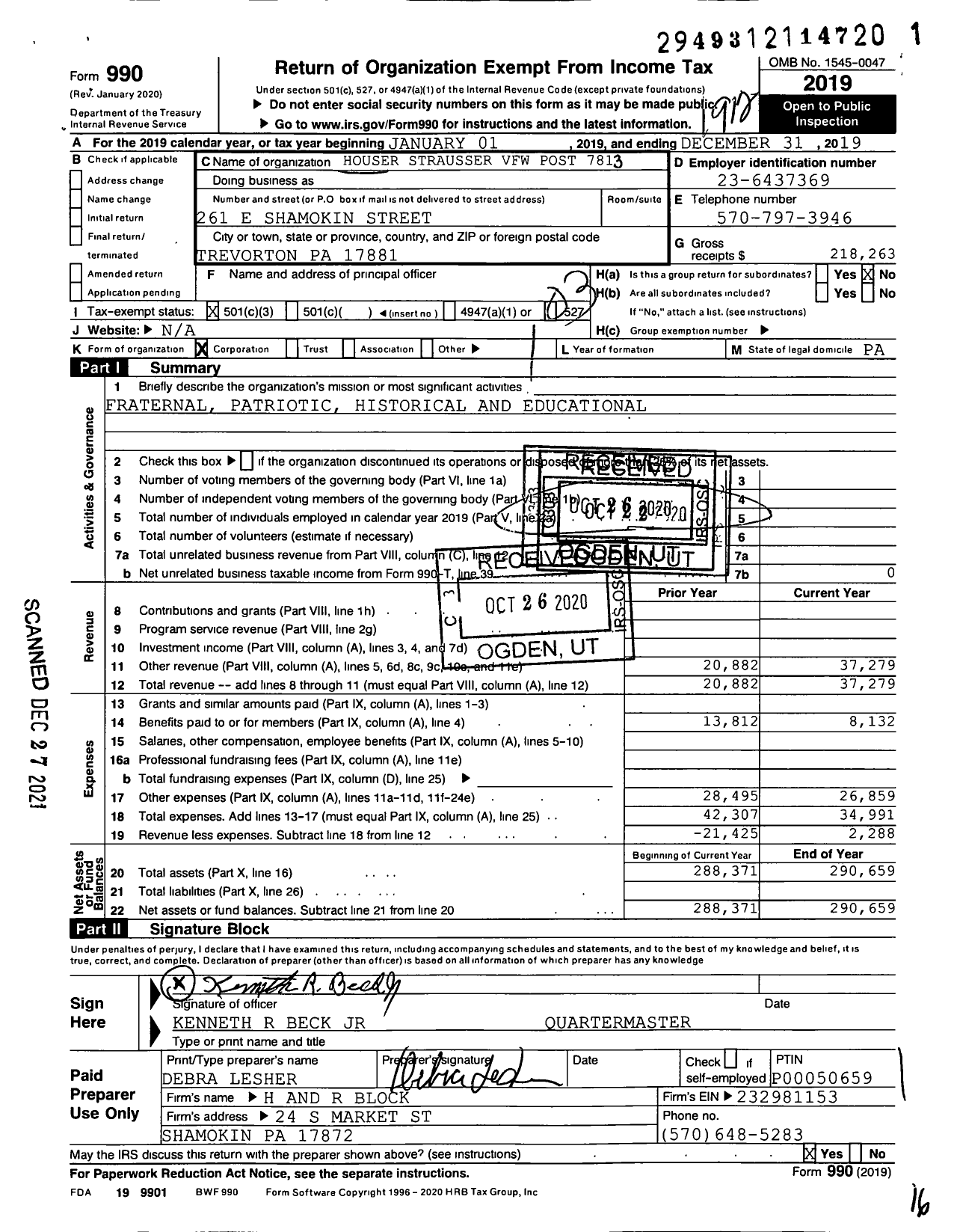 Image of first page of 2019 Form 990 for VFW Department of Pennsylvania - 78 Houser-Strausser VFW Post