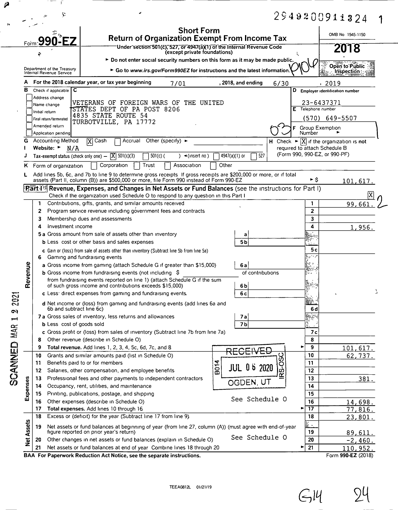 Image of first page of 2018 Form 990EZ for VFW Department of Pennsylvania - 8206 Vfw-Penn Muffly-Huff