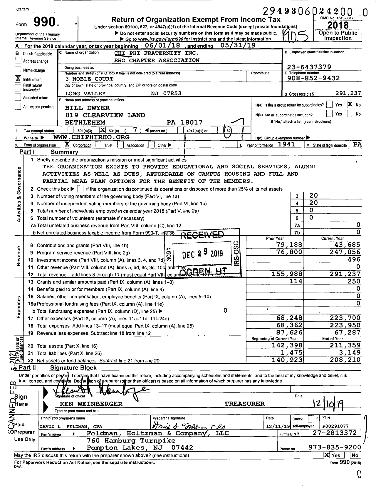 Image of first page of 2018 Form 990O for Chi Phi Fraternity Rho Chapter Association