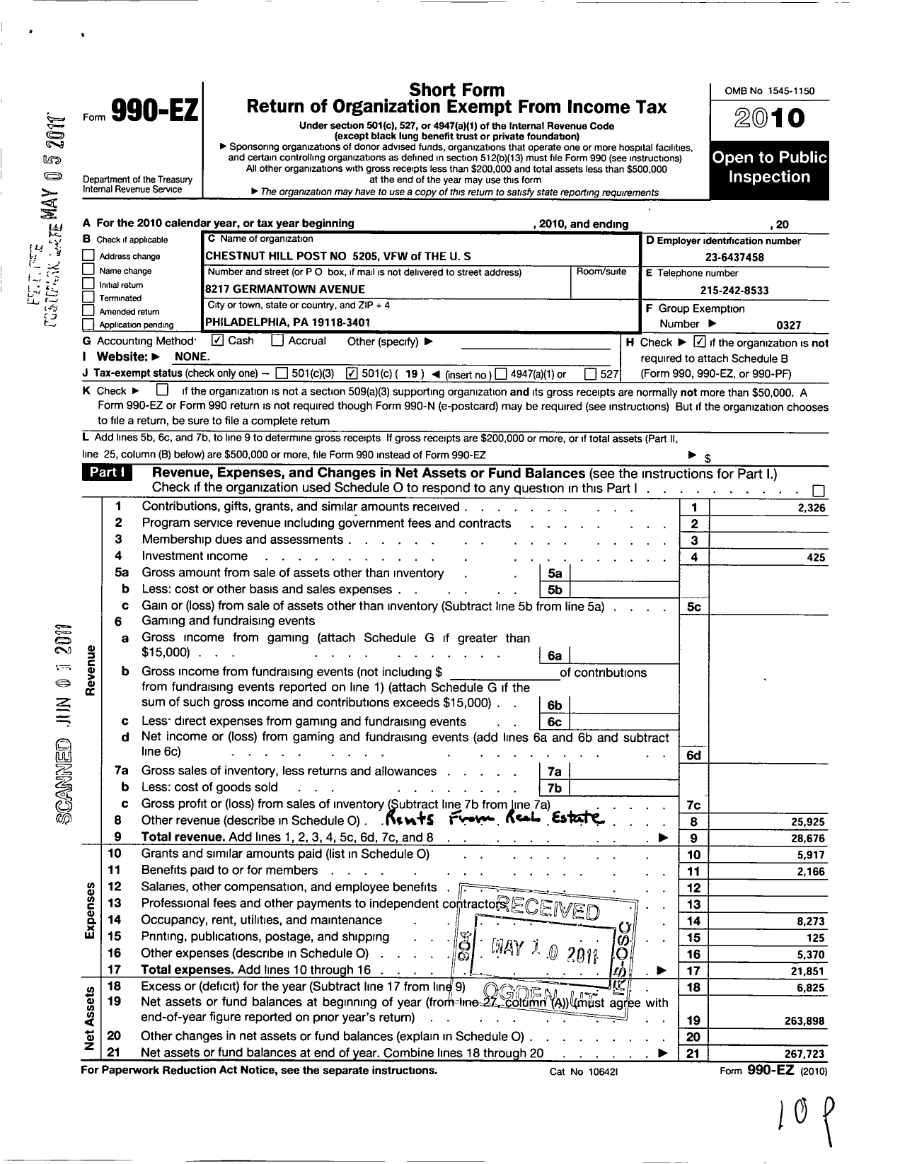 Image of first page of 2010 Form 990EO for VFW Department of Pennsylvania - 5205 Vfw-Penn Chestnut Hill