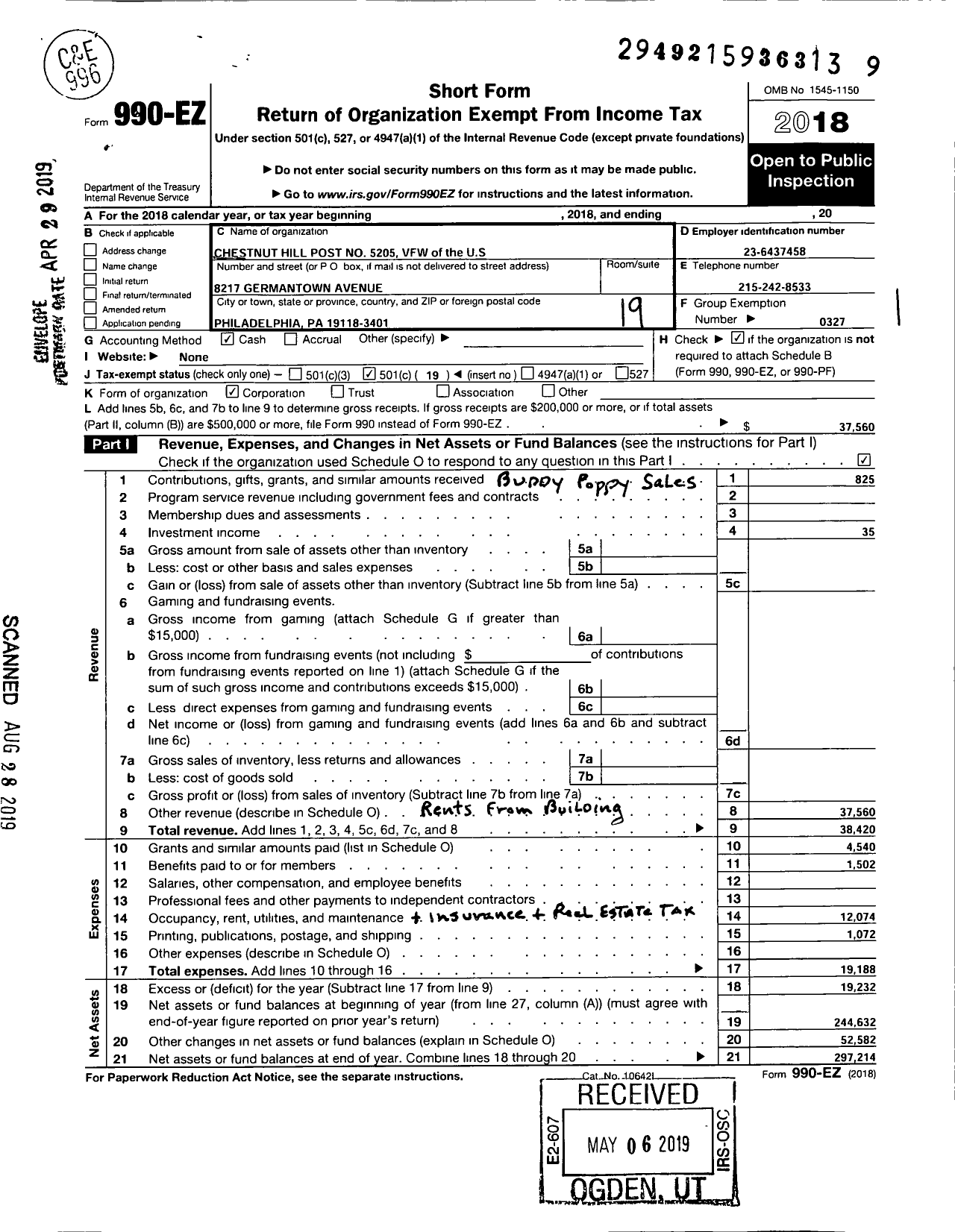 Image of first page of 2018 Form 990EO for VFW Department of Pennsylvania - 5205 Vfw-Penn Chestnut Hill