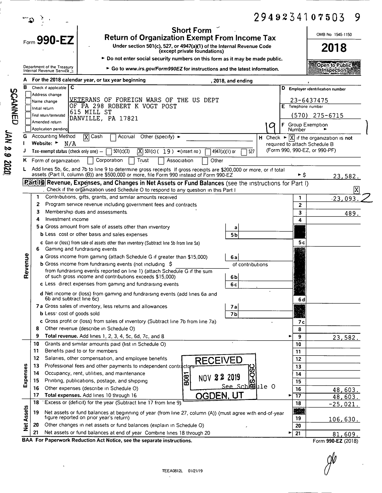 Image of first page of 2018 Form 990EO for VFW Department of Pennsylvania - 298 Robert K Vogt Post