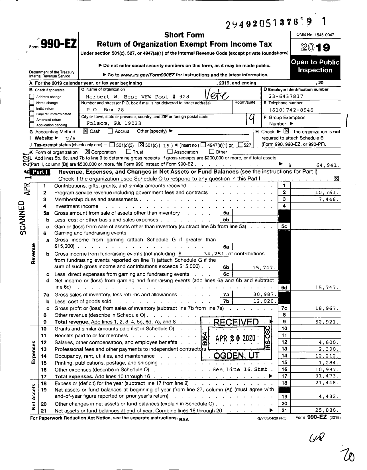 Image of first page of 2019 Form 990EO for VFW Department of Pennsylvania - 928 Vfw-Penn Herbert W Best