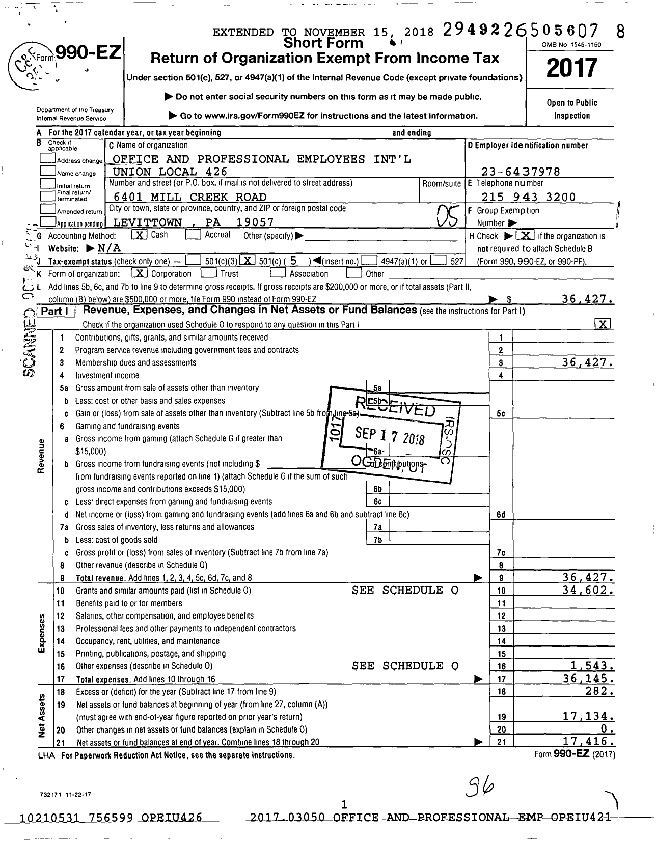 Image of first page of 2017 Form 990EO for Office and Professional Employees International Union