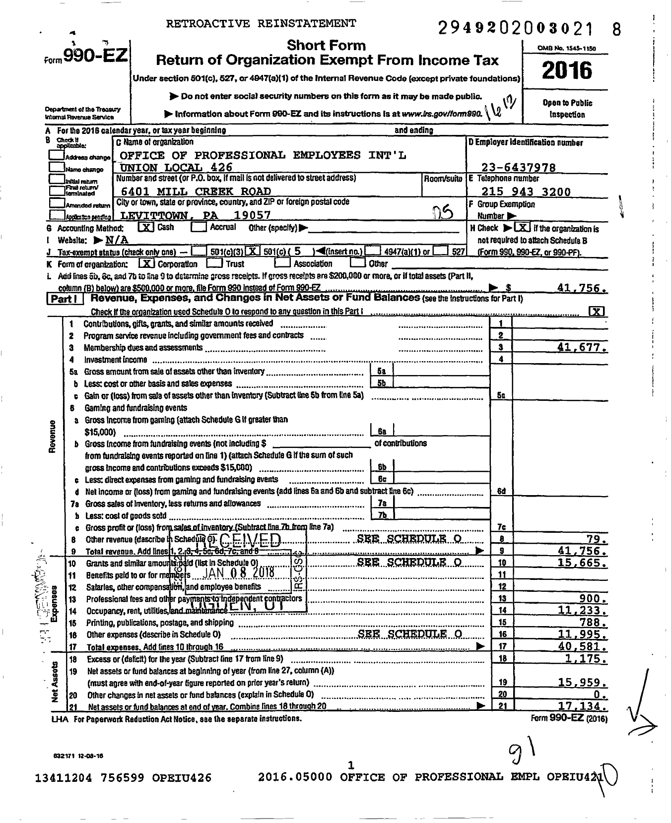 Image of first page of 2016 Form 990EO for Office and Professional Employees International Union