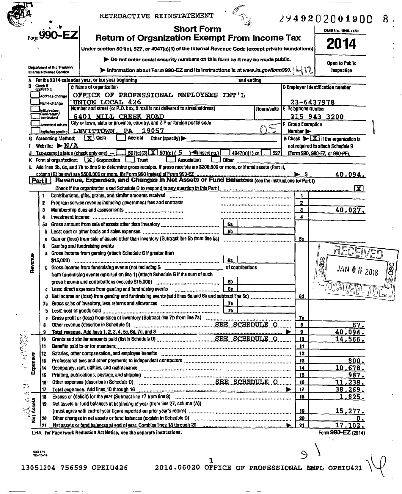 Image of first page of 2014 Form 990EO for Office and Professional Employees International Union