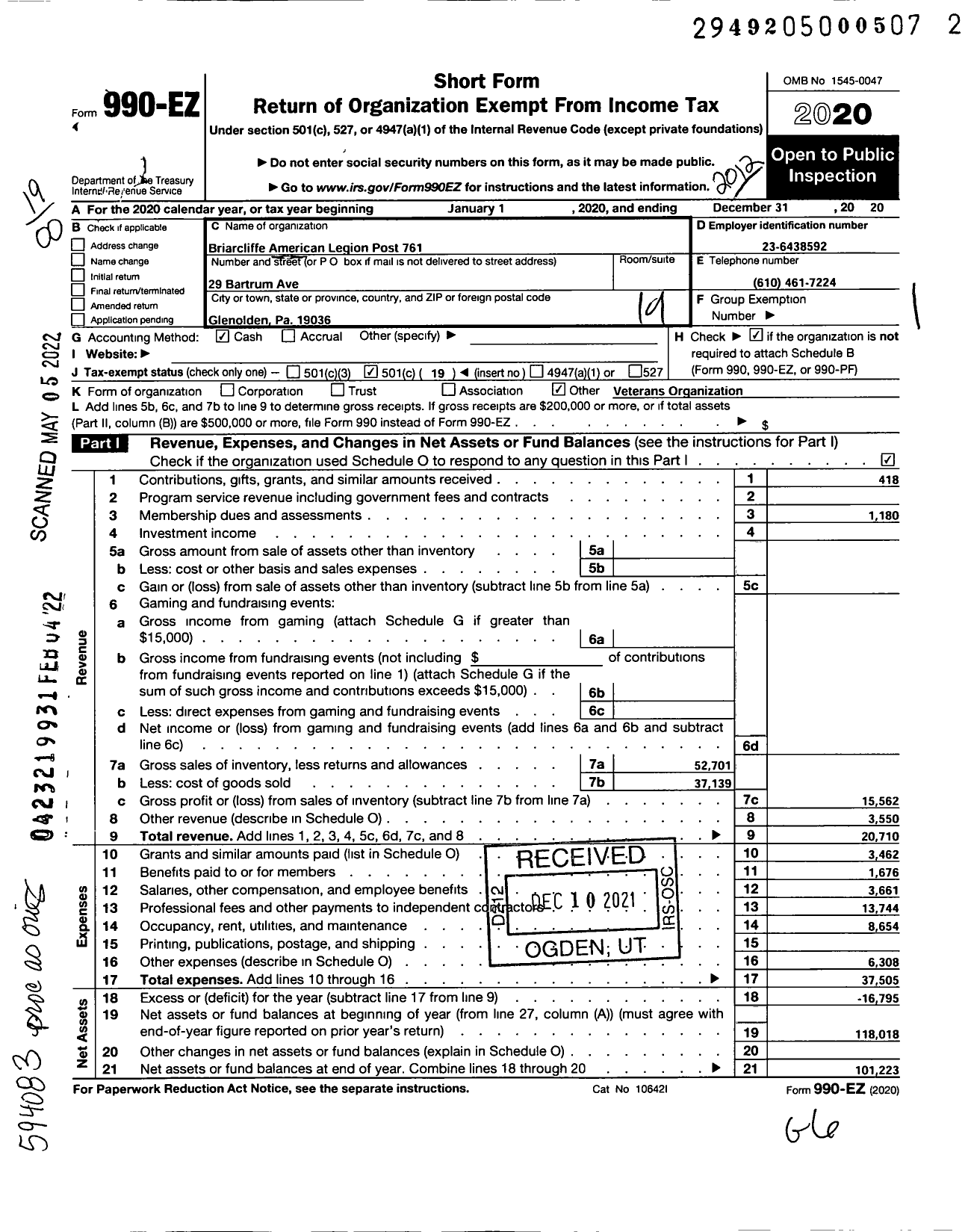 Image of first page of 2020 Form 990EO for American Legion - 0761 Briarcliffe Memorial