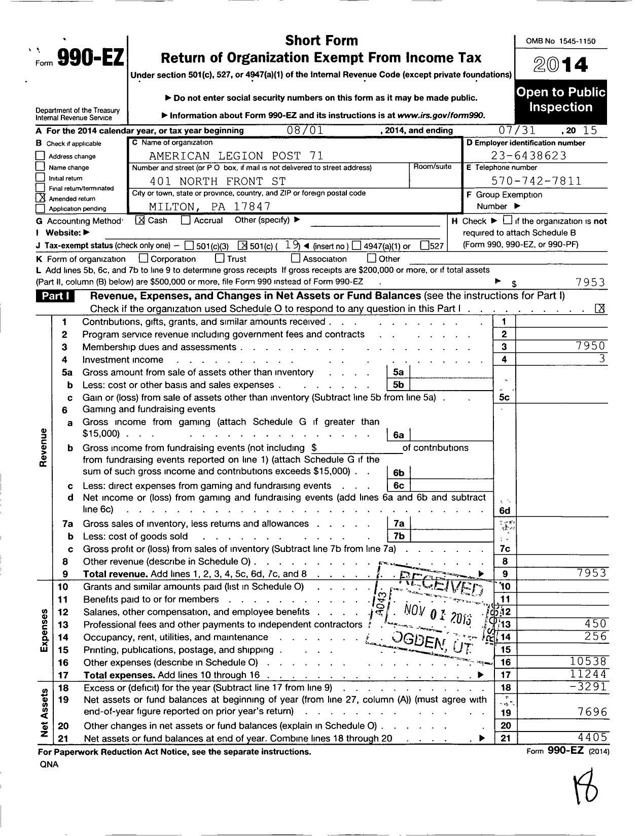 Image of first page of 2014 Form 990EO for American Legion - 71 Wallace W Fetzer