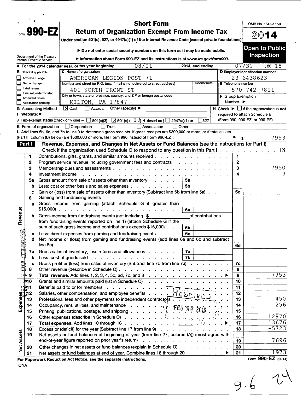 Image of first page of 2014 Form 990EO for American Legion - 71 Wallace W Fetzer