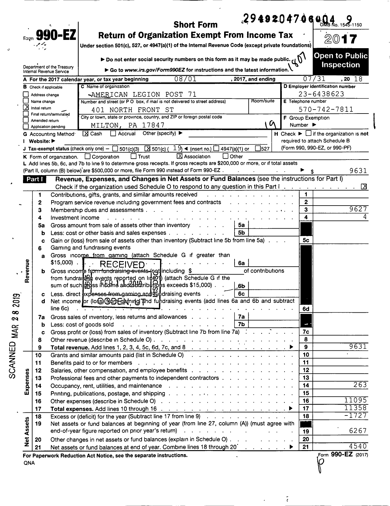 Image of first page of 2017 Form 990EO for American Legion - 71 Wallace W Fetzer