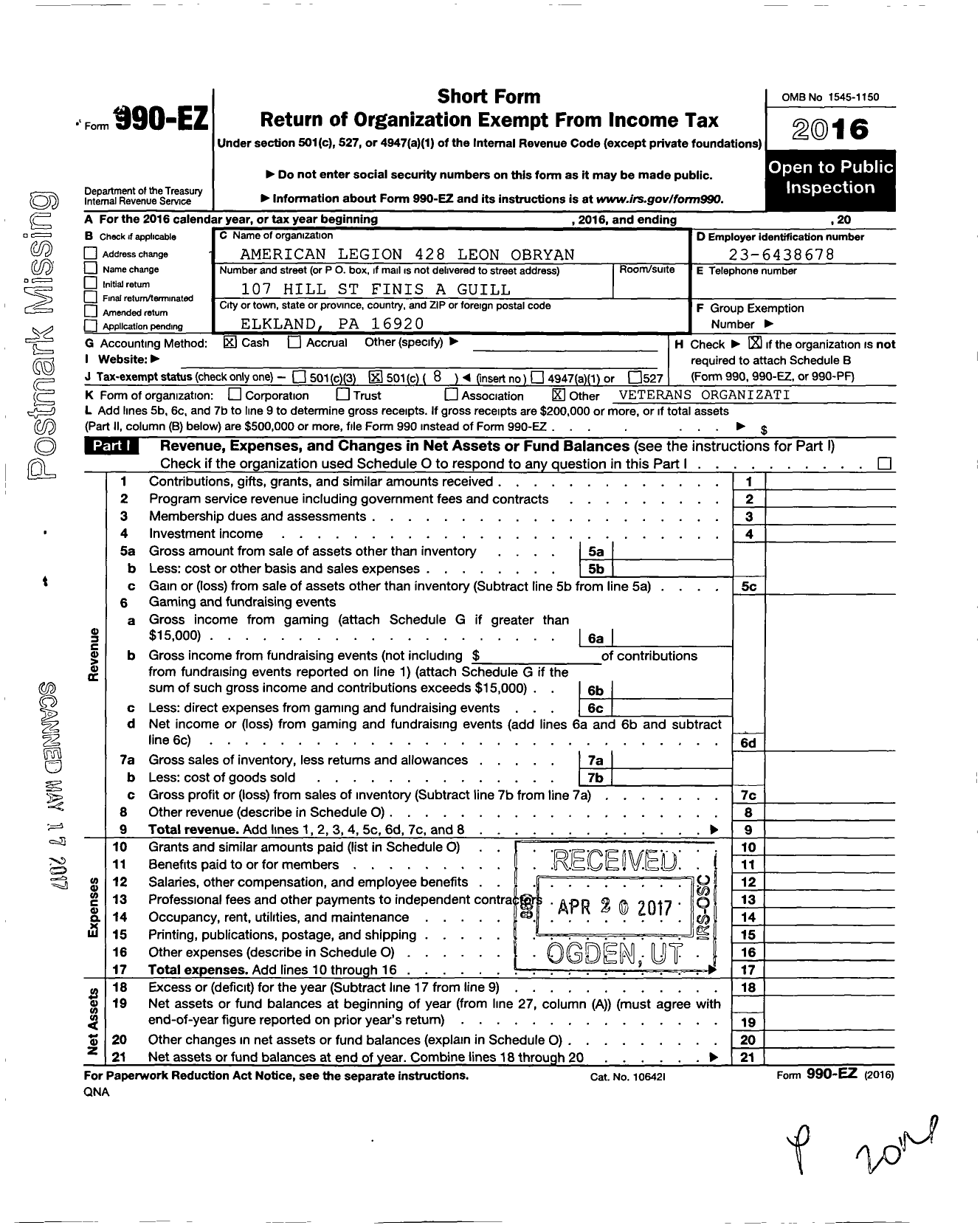 Image of first page of 2016 Form 990EO for American Legion - 0428 Leon Obryan Post Pa