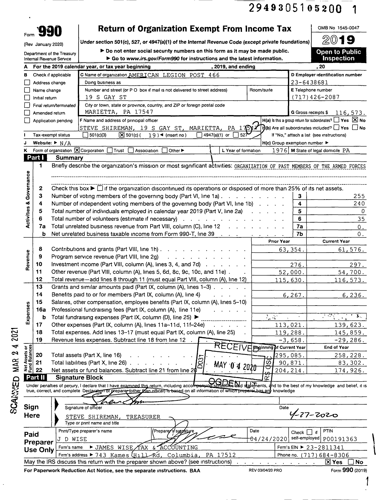 Image of first page of 2019 Form 990 for American Legion Post 466