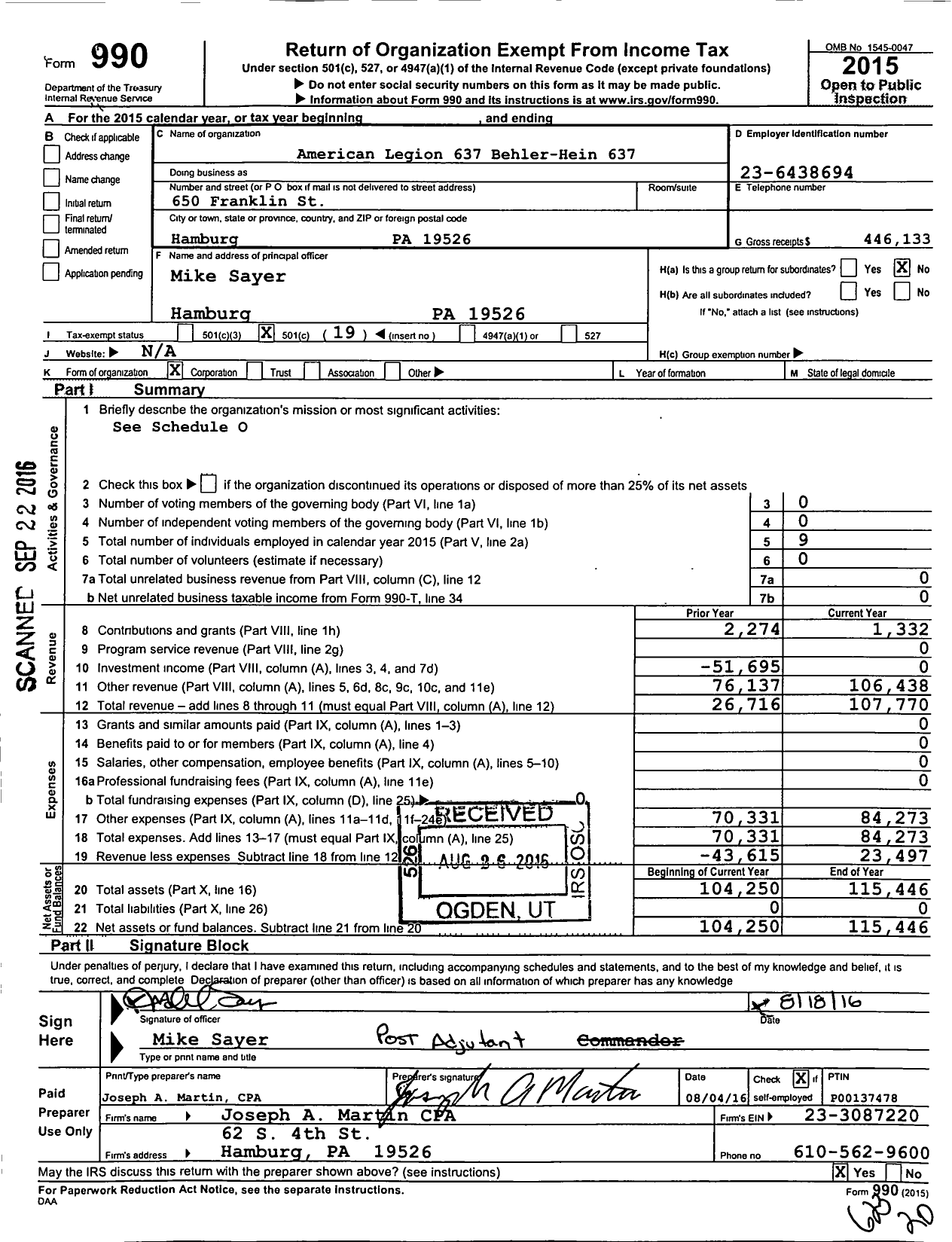 Image of first page of 2015 Form 990O for American Legion 637 Behler-Hein 637