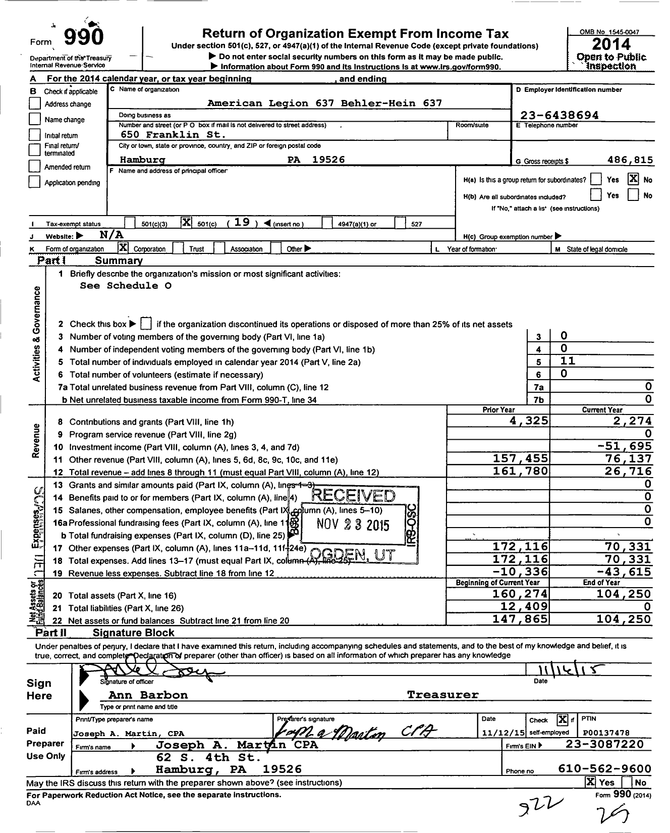 Image of first page of 2014 Form 990O for American Legion 637 Behler-Hein 637