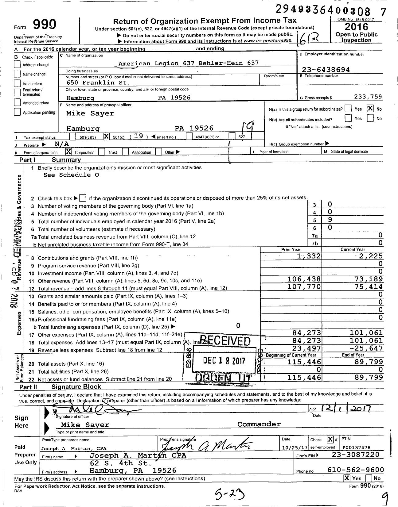 Image of first page of 2016 Form 990O for American Legion 637 Behler-Hein 637