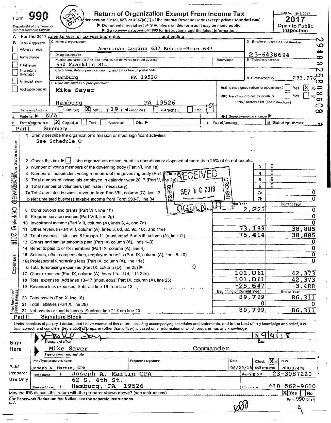 Image of first page of 2017 Form 990O for American Legion 637 Behler-Hein 637