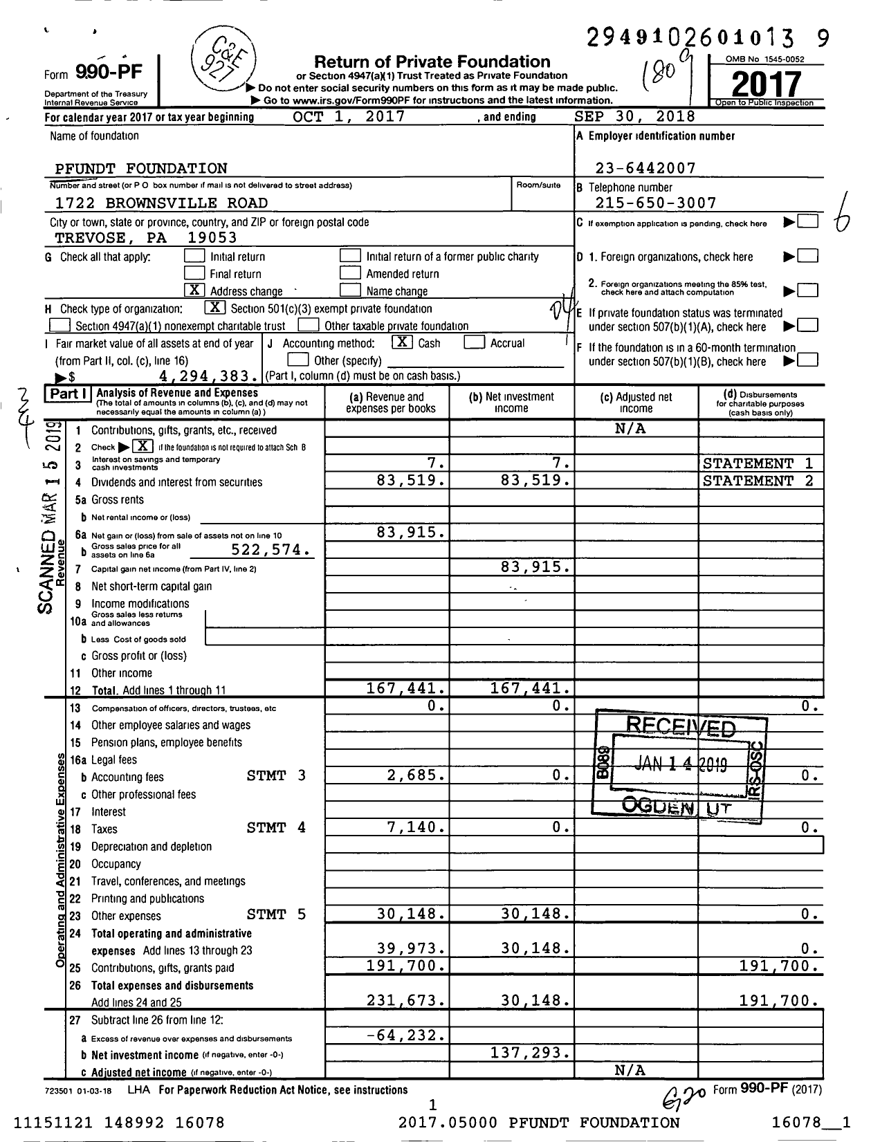 Image of first page of 2017 Form 990PF for Pfundt Foundation