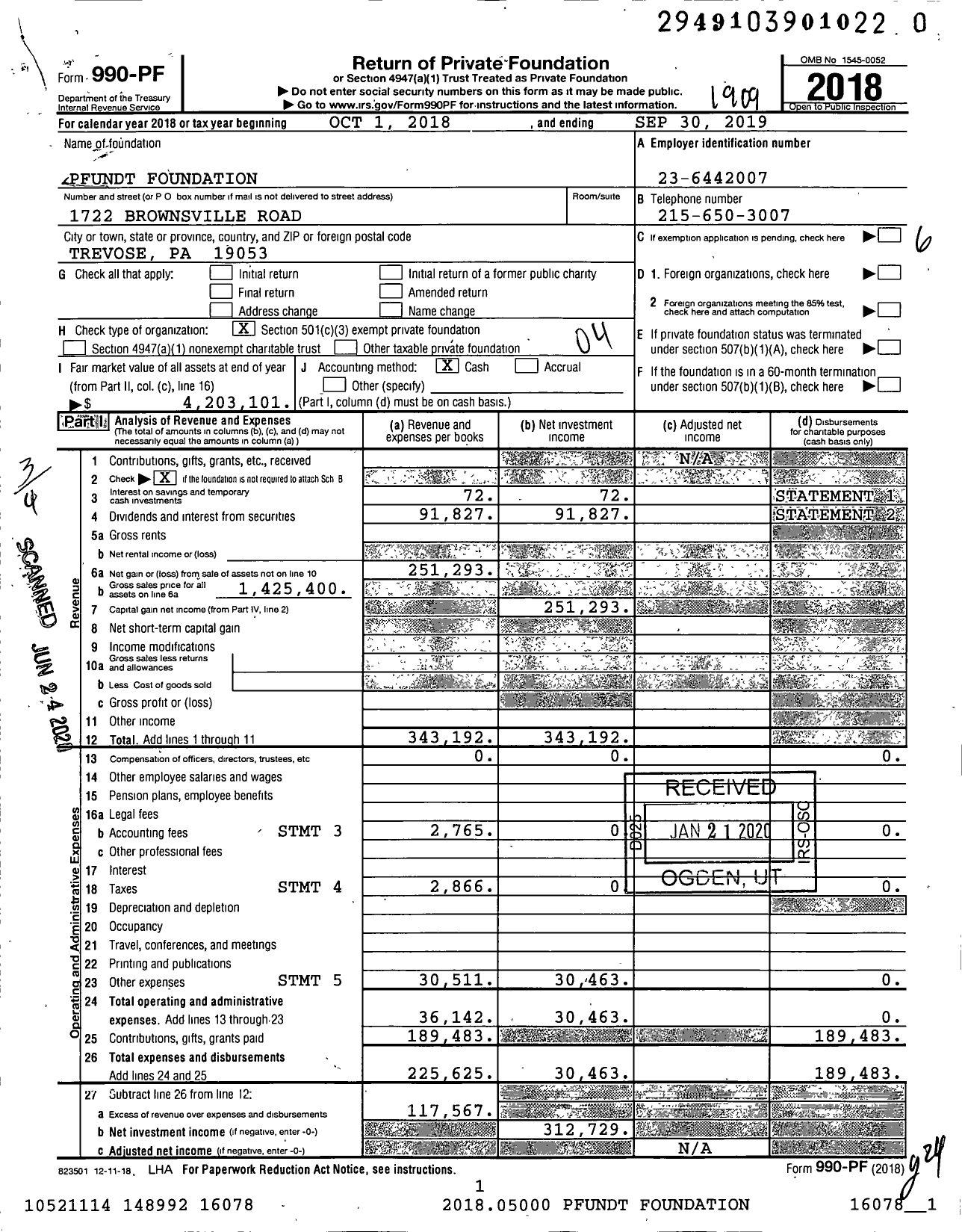 Image of first page of 2018 Form 990PR for Pfundt Foundation