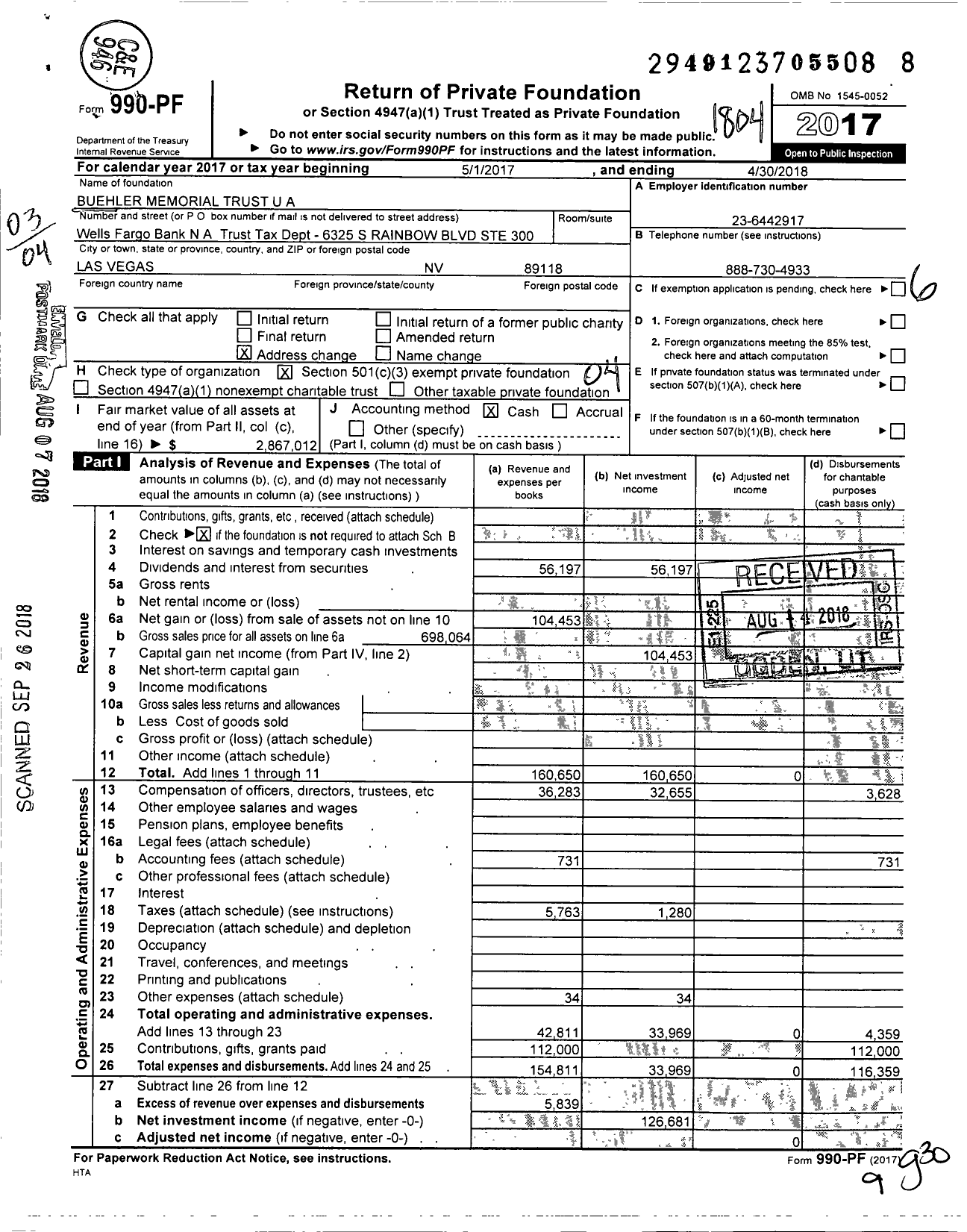 Image of first page of 2017 Form 990PF for Buehler Memorial Trust