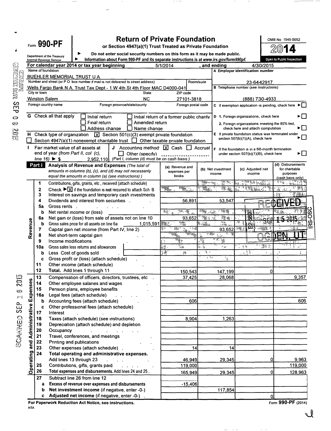 Image of first page of 2014 Form 990PF for Buehler Memorial Trust
