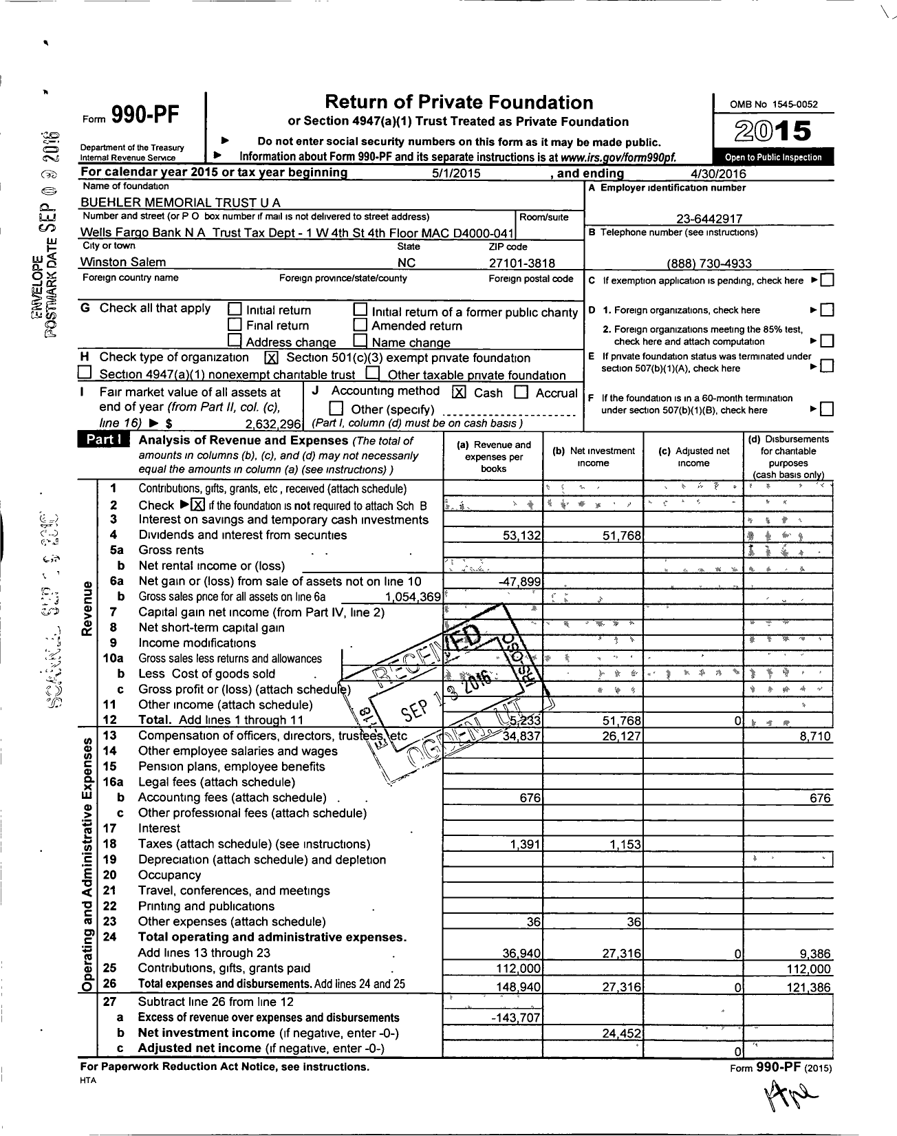 Image of first page of 2015 Form 990PF for Buehler Memorial Trust