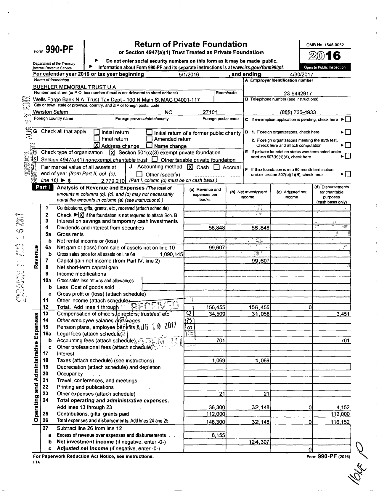 Image of first page of 2016 Form 990PF for Buehler Memorial Trust