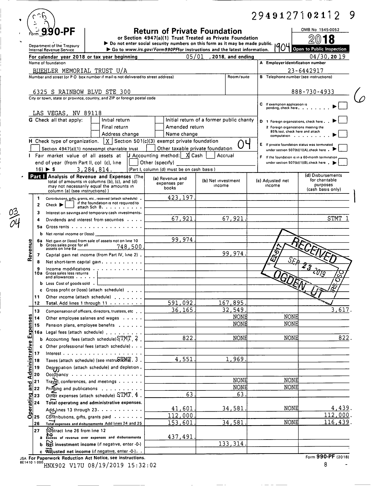 Image of first page of 2018 Form 990PF for Buehler Memorial Trust