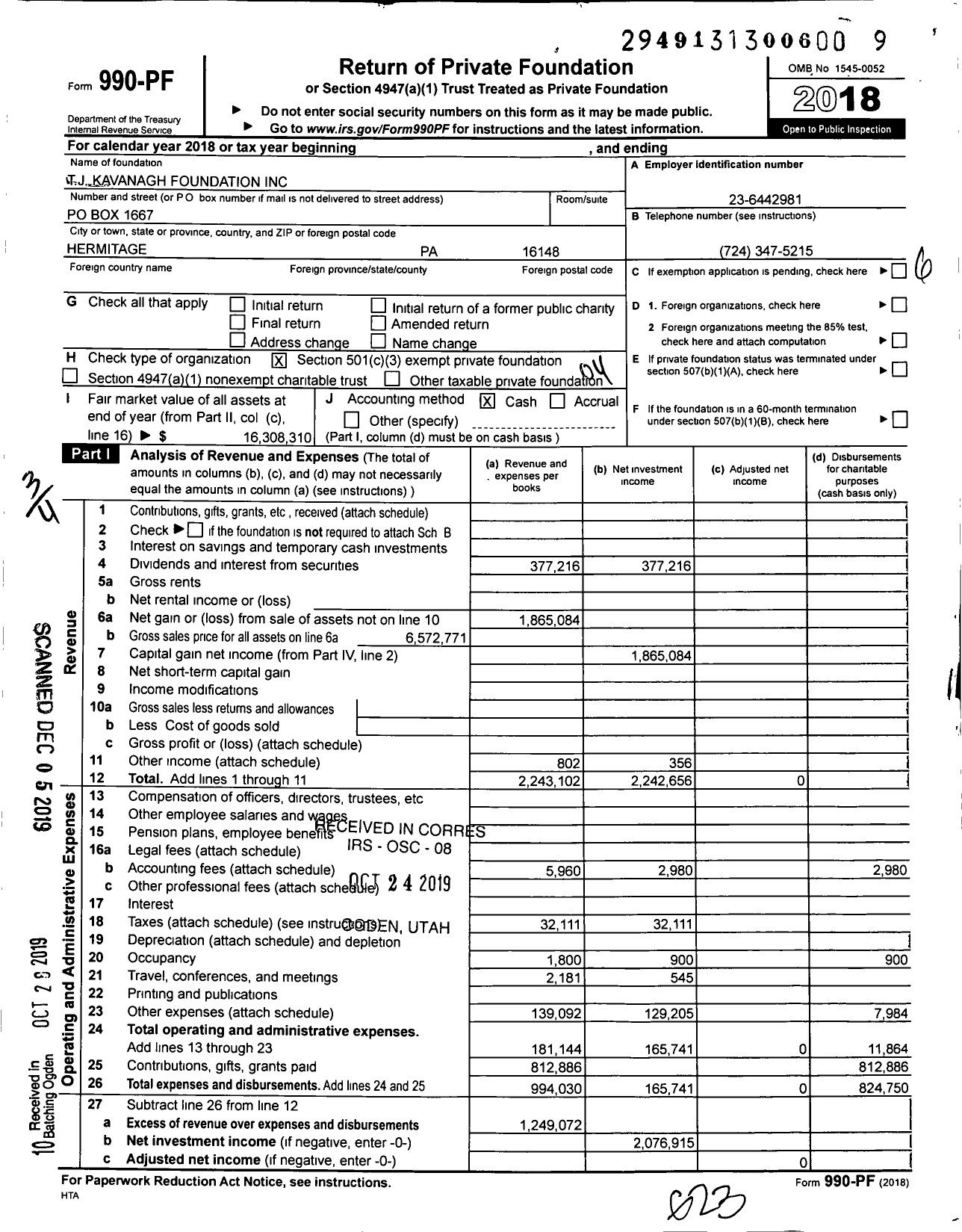 Image of first page of 2018 Form 990PF for TJ Kavanagh Foundation