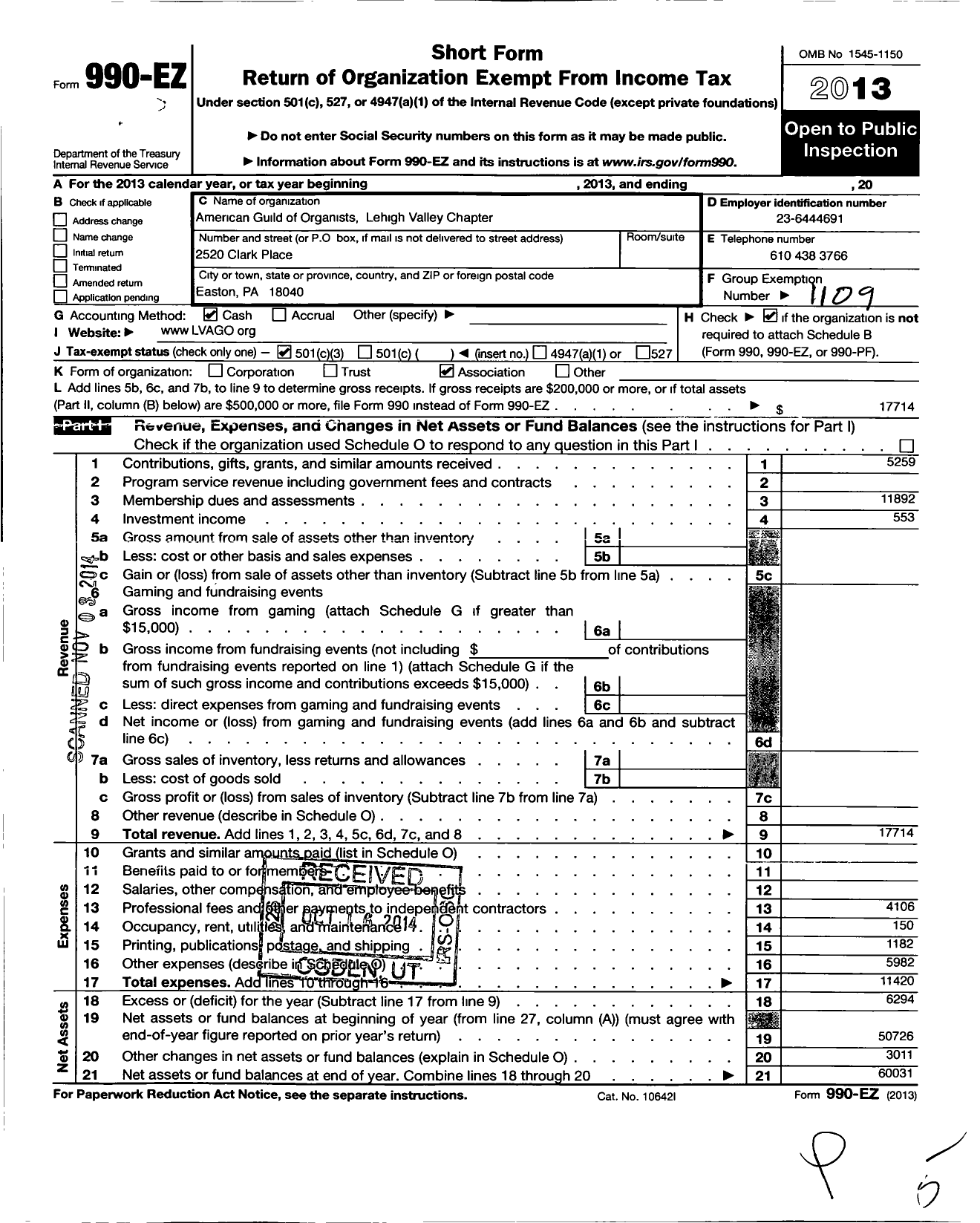 Image of first page of 2013 Form 990EZ for American Guild of Organists - 312 Lehigh Valley Chapter